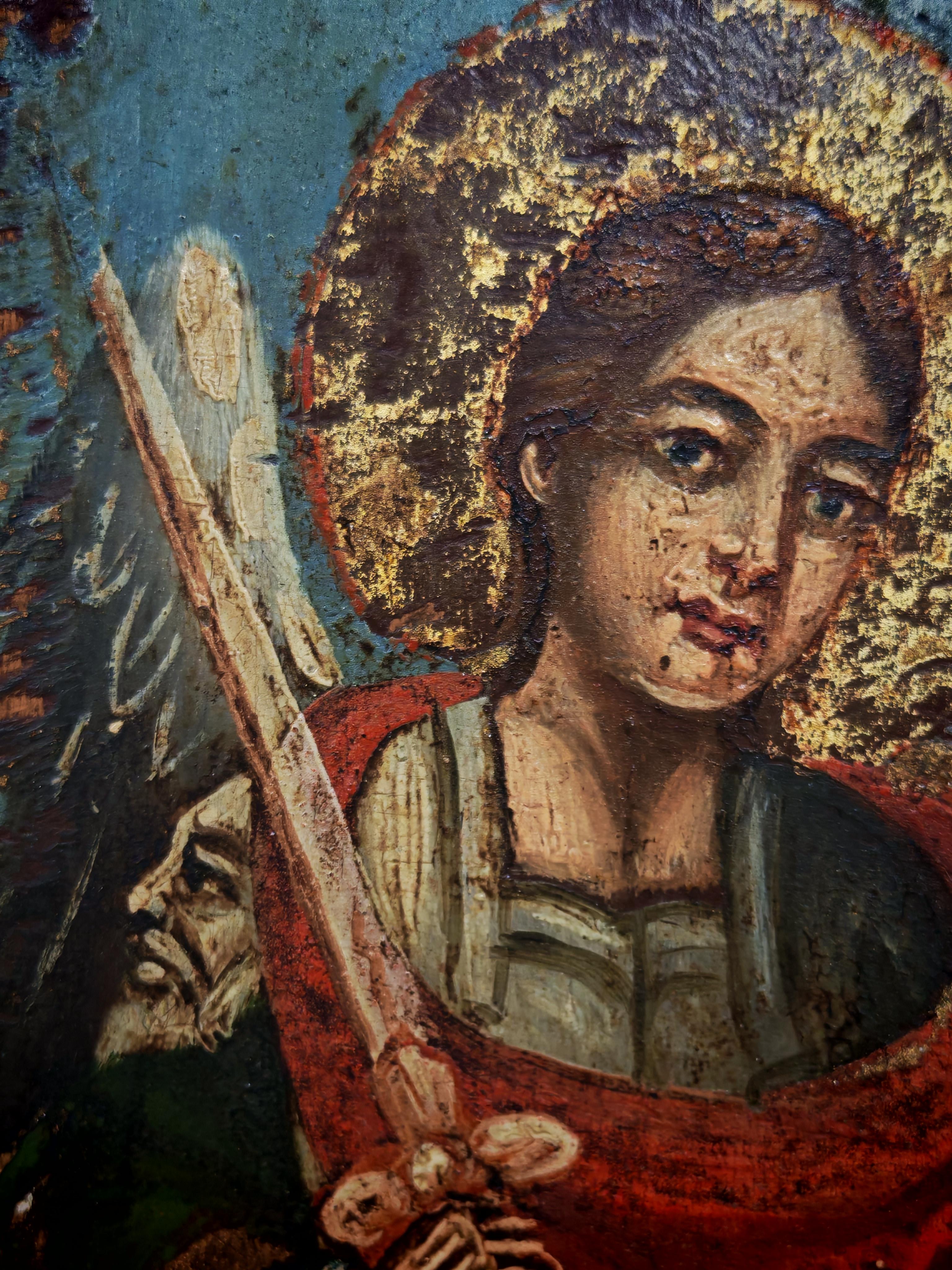 Bois Icône orthodoxe ancienne, les archanges Michel et Gabriel, Serbie 1857 en vente