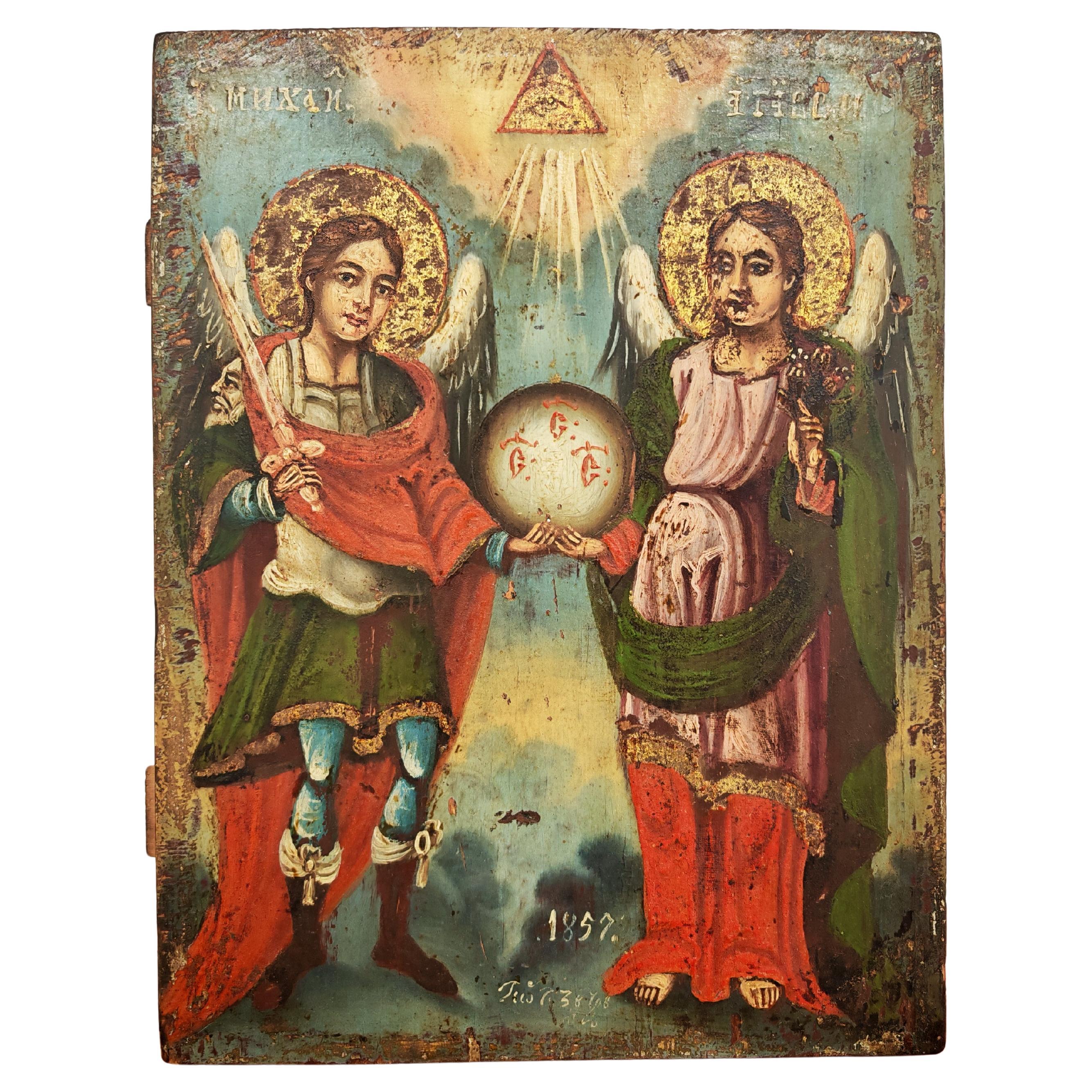 Icône orthodoxe ancienne, les archanges Michel et Gabriel, Serbie 1857