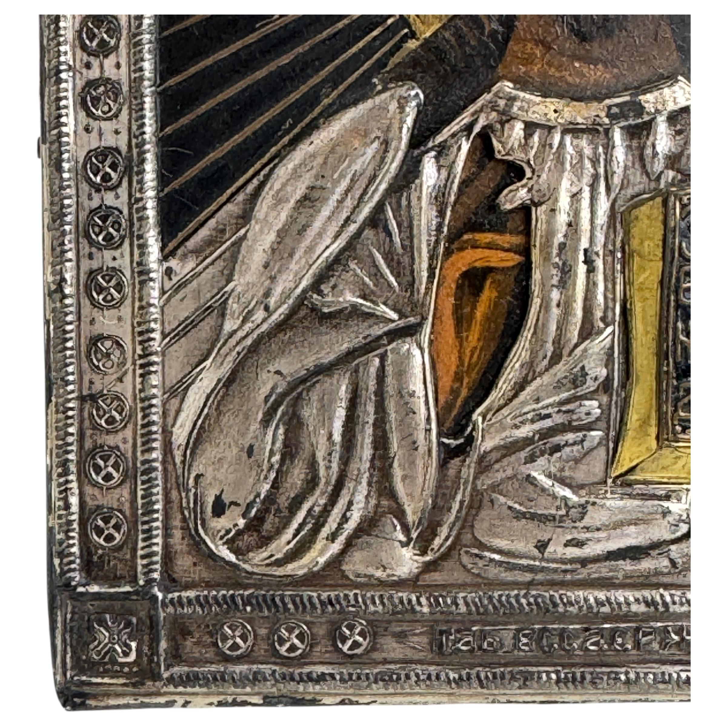 Antique Orthodox Russian Icon Christ Pantokrator Hand Chased Silver Oklad In Good Condition In Nuernberg, DE