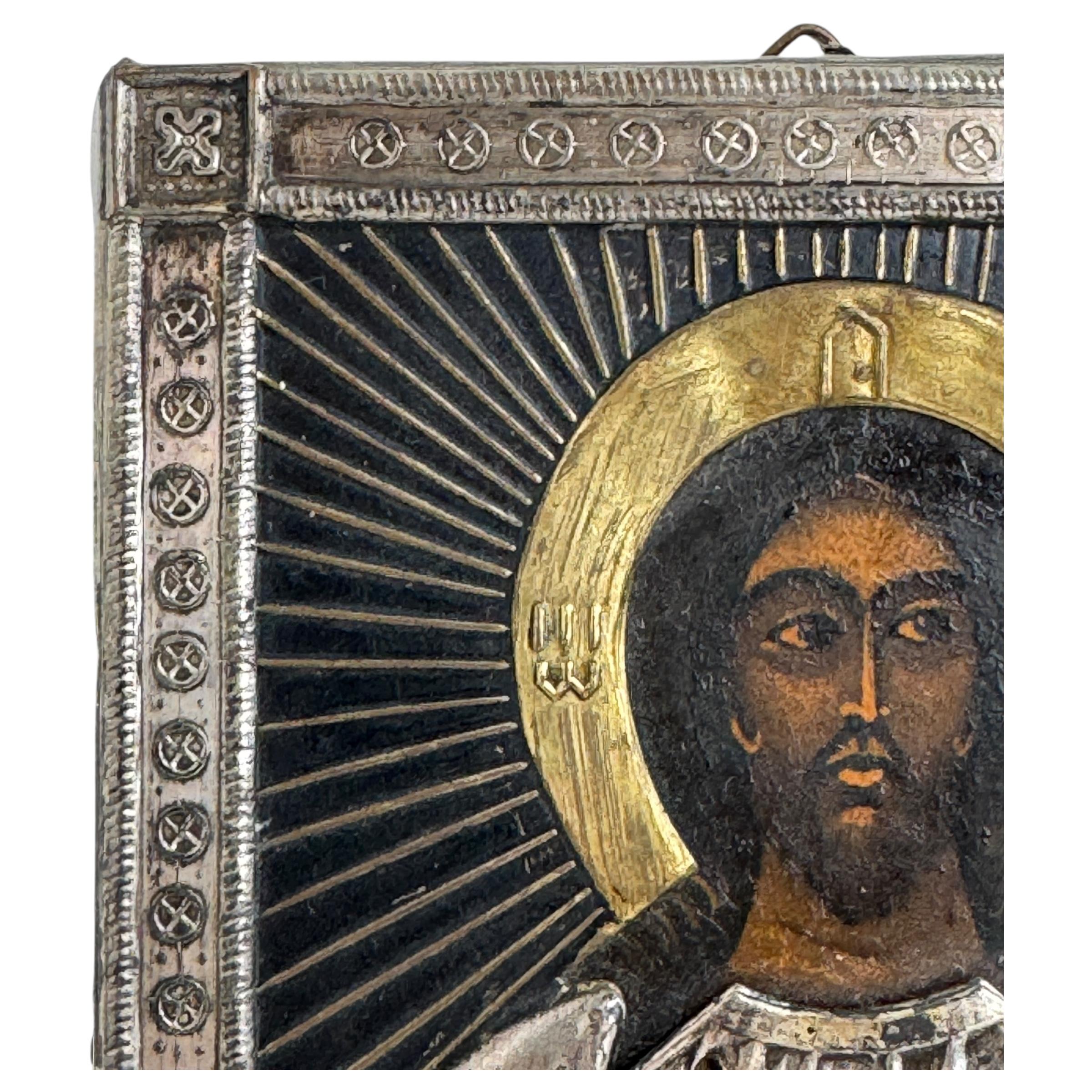 19th Century Antique Orthodox Russian Icon Christ Pantokrator Hand Chased Silver Oklad
