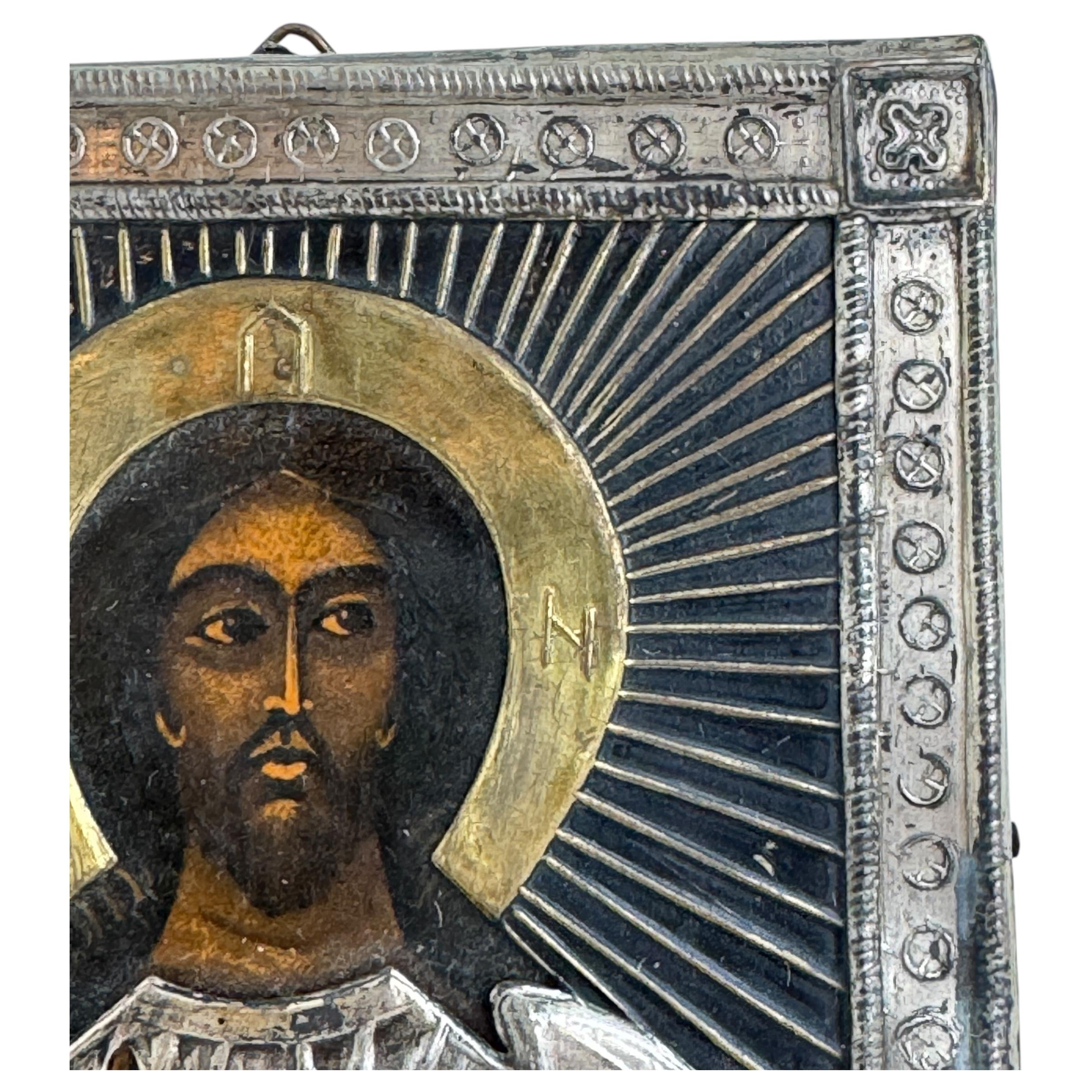 Wood Antique Orthodox Russian Icon Christ Pantokrator Hand Chased Silver Oklad
