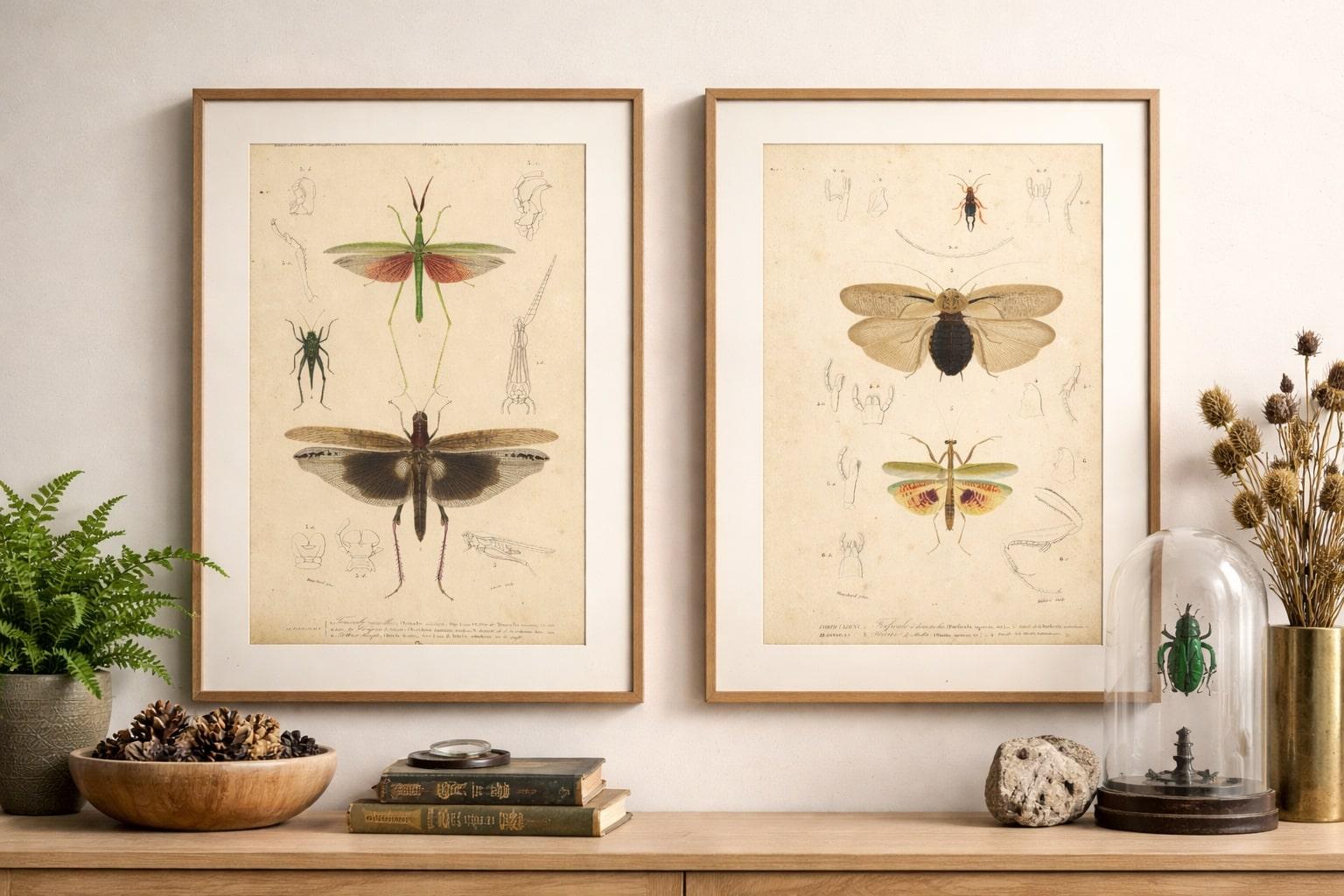 Antique Orthoptères Pair – Grasshoppers, Mantids & Earwigs, French c.1800