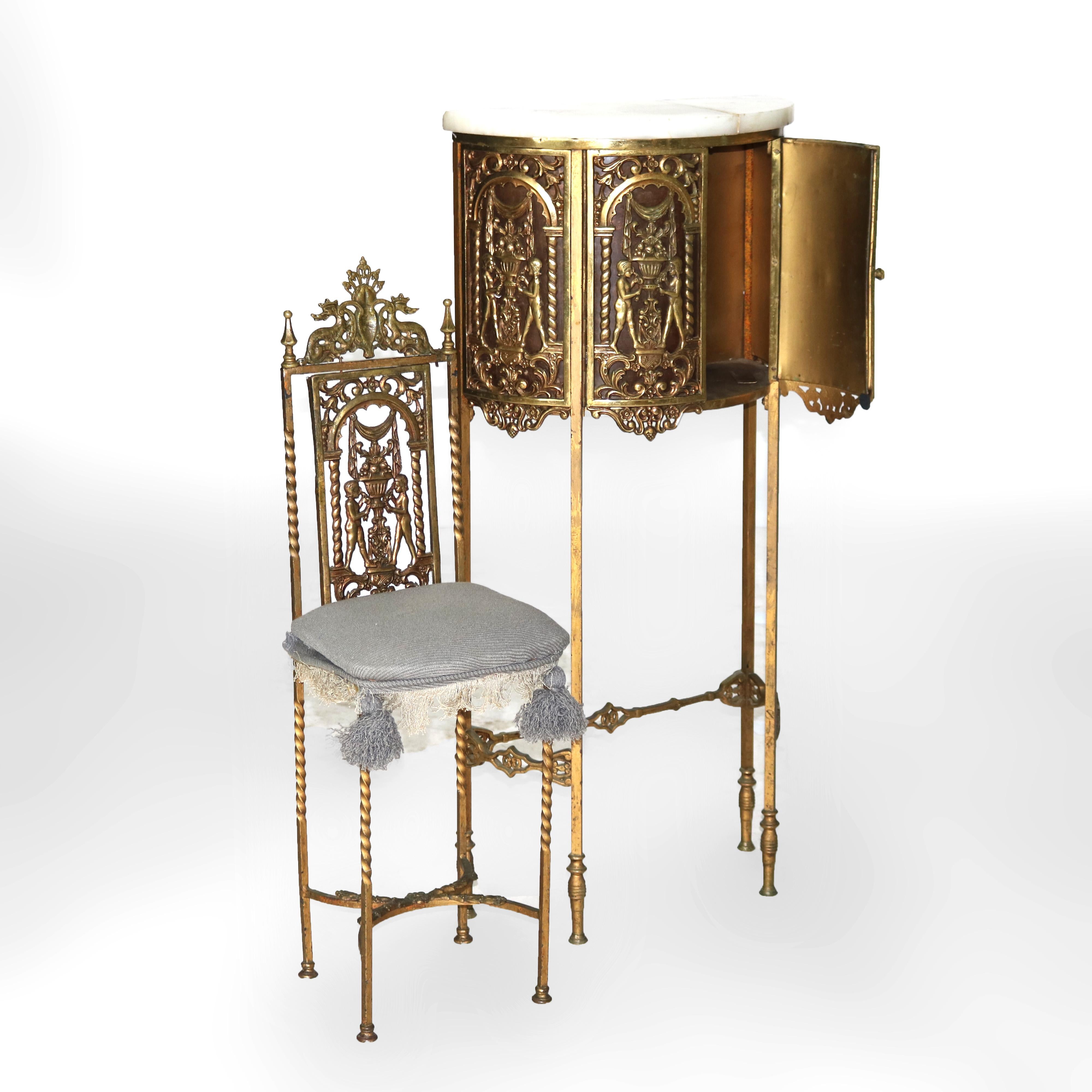 Arts and Crafts Antiquité - Oscar Bach Classic Bronze doré Demilune Marble Top Stand & Chair c1920