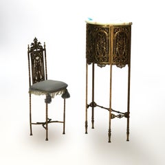 Antique Oscar Bach Classical Gilt Bronze Demilune Marble Top Stand & Chair c1920