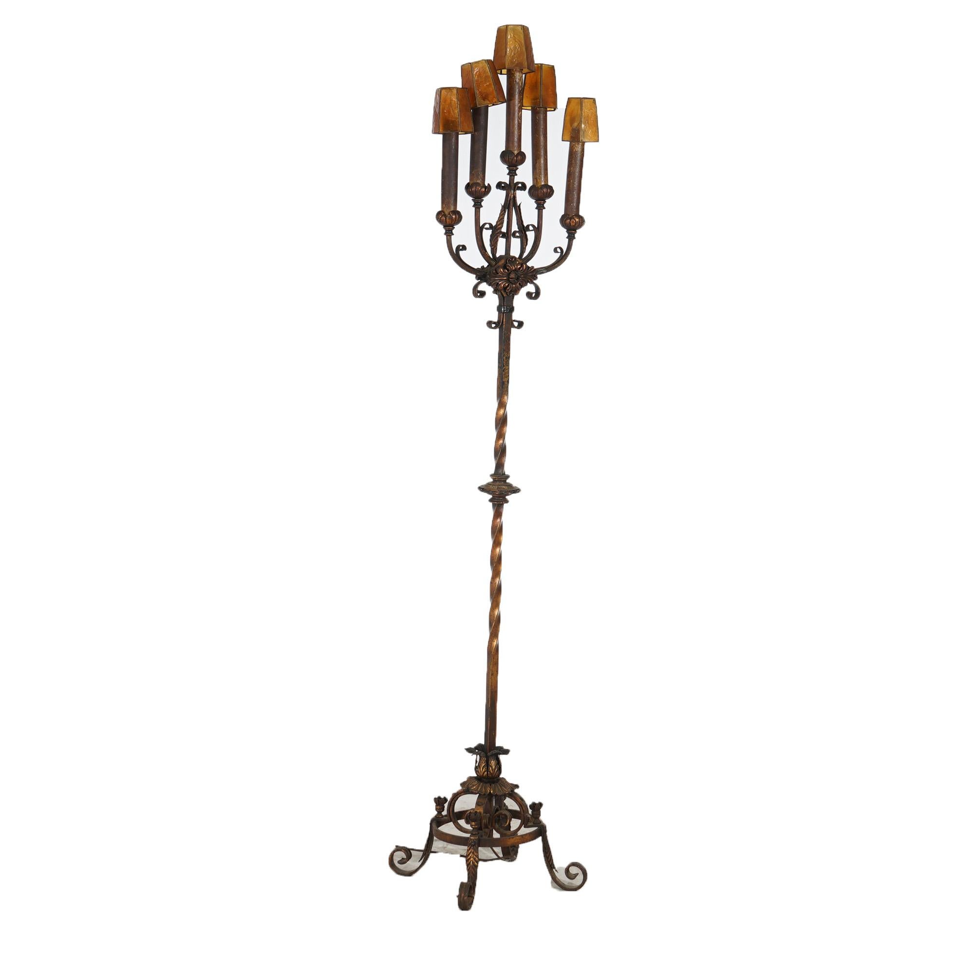 Antique Oscar Bach School Gothic Electric Bronze & Brass Candelabra c1920 4