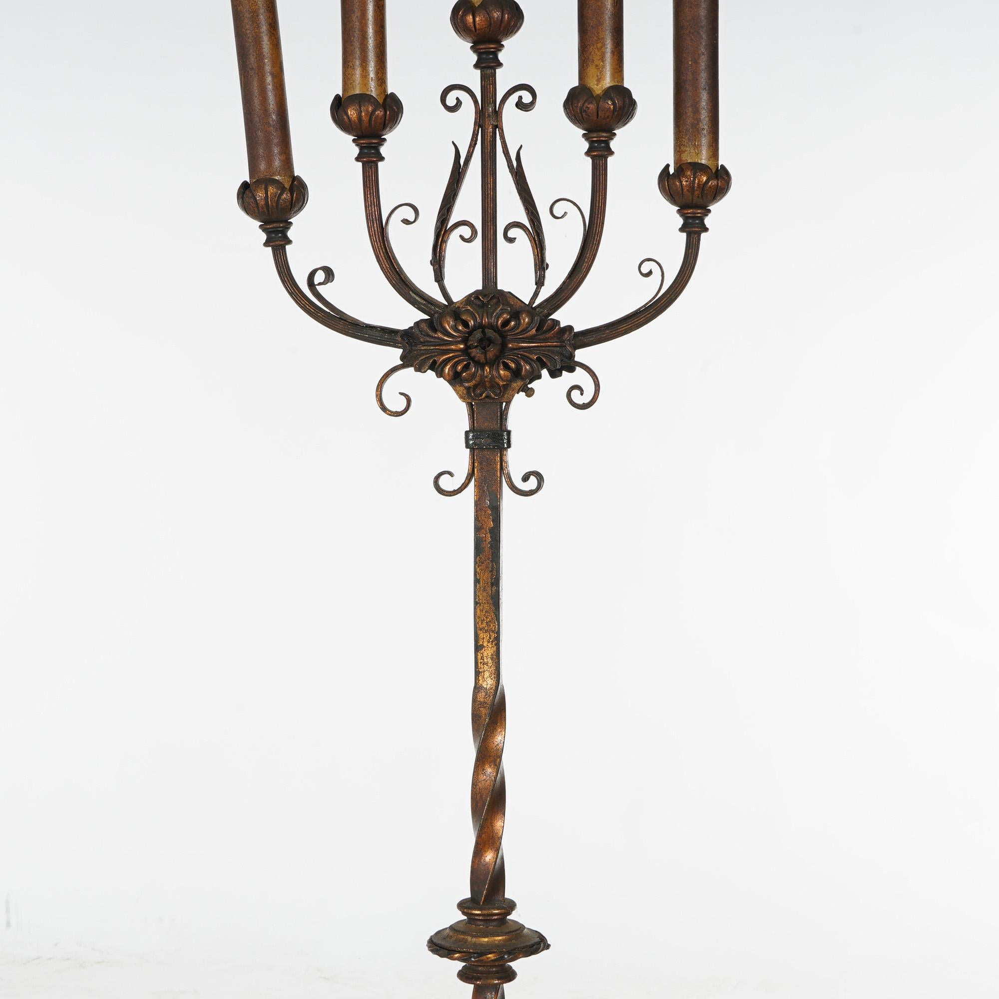 North American Antique Oscar Bach School Gothic Electric Bronze & Brass Candelabra c1920