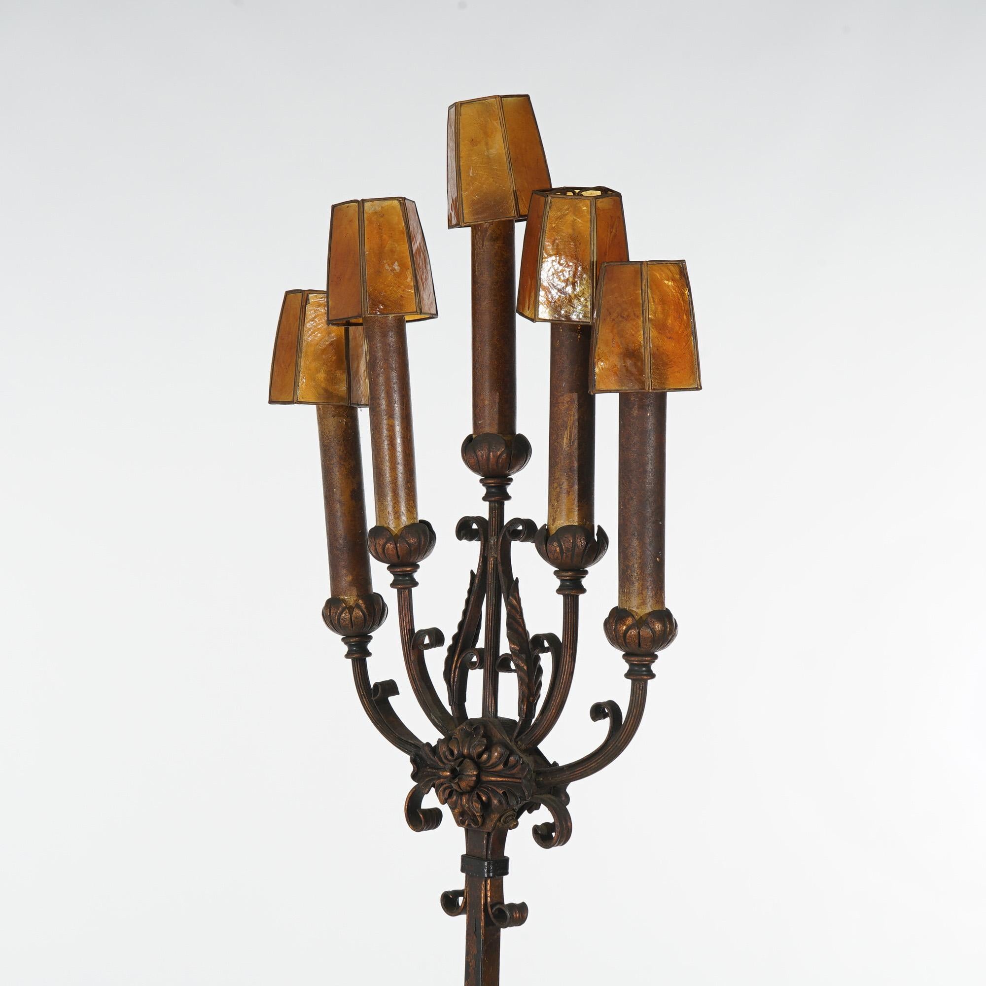 20th Century Antique Oscar Bach School Gothic Electric Bronze & Brass Candelabra c1920