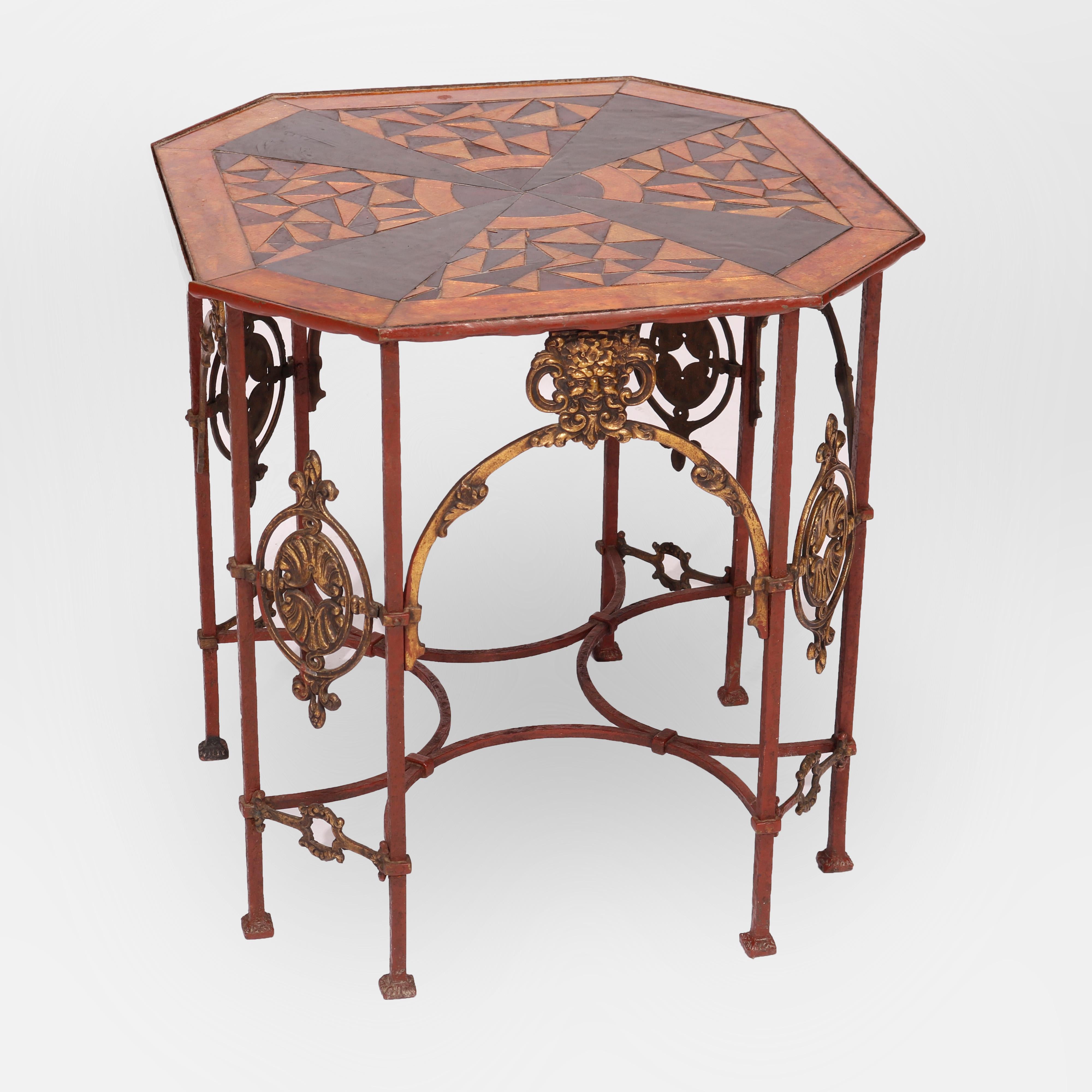 An antique side table in the manner of Oscar Bach offers clip corner glass top having stylized sunburst design over wrought iron base with medallions, scroll and foliate elements, c1910

Measures - 21''H X 20.5''W X 20.5''D.