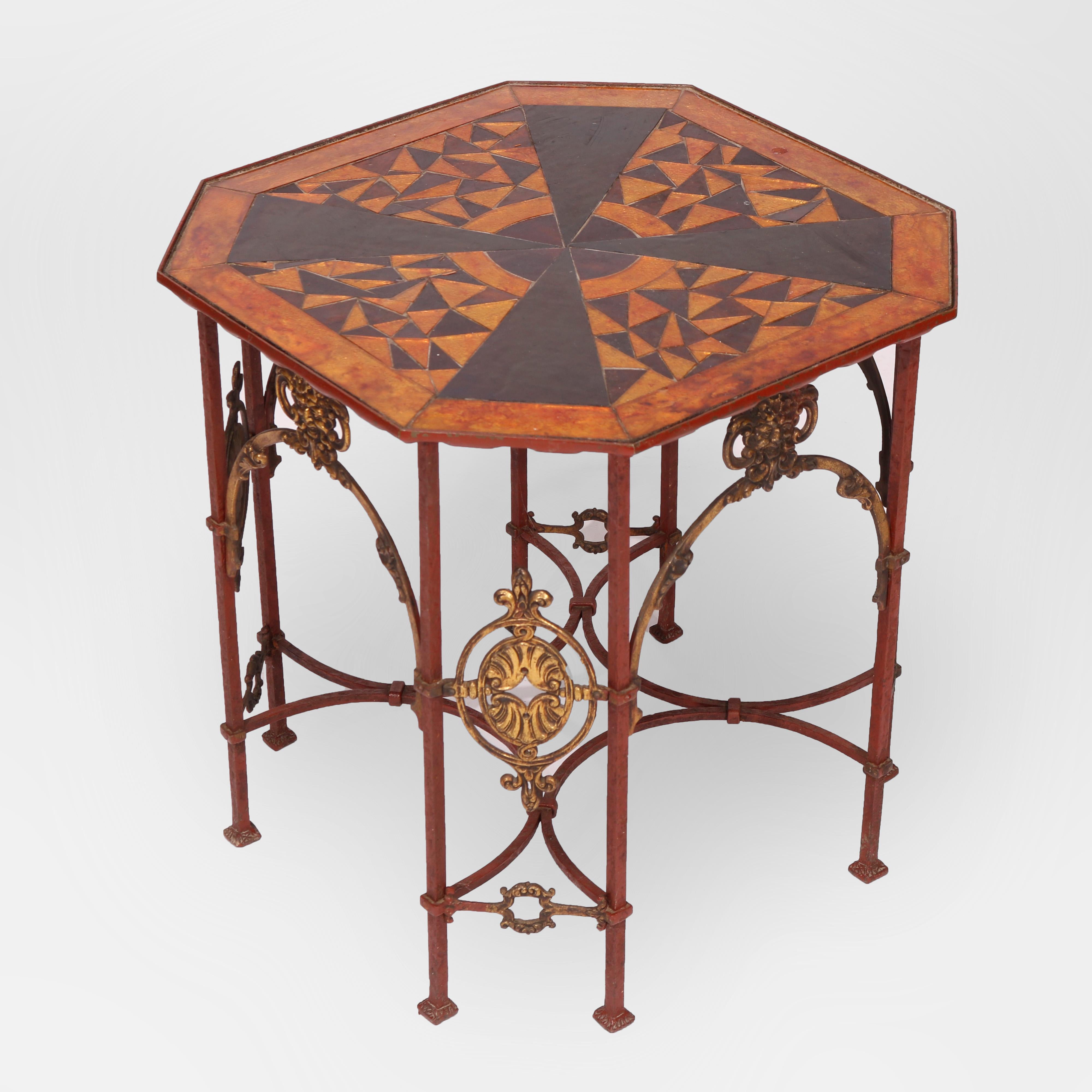 Arts and Crafts Antique Oscar Bach School Polychrome Wrought Iron Side Table with Sunburst Glass