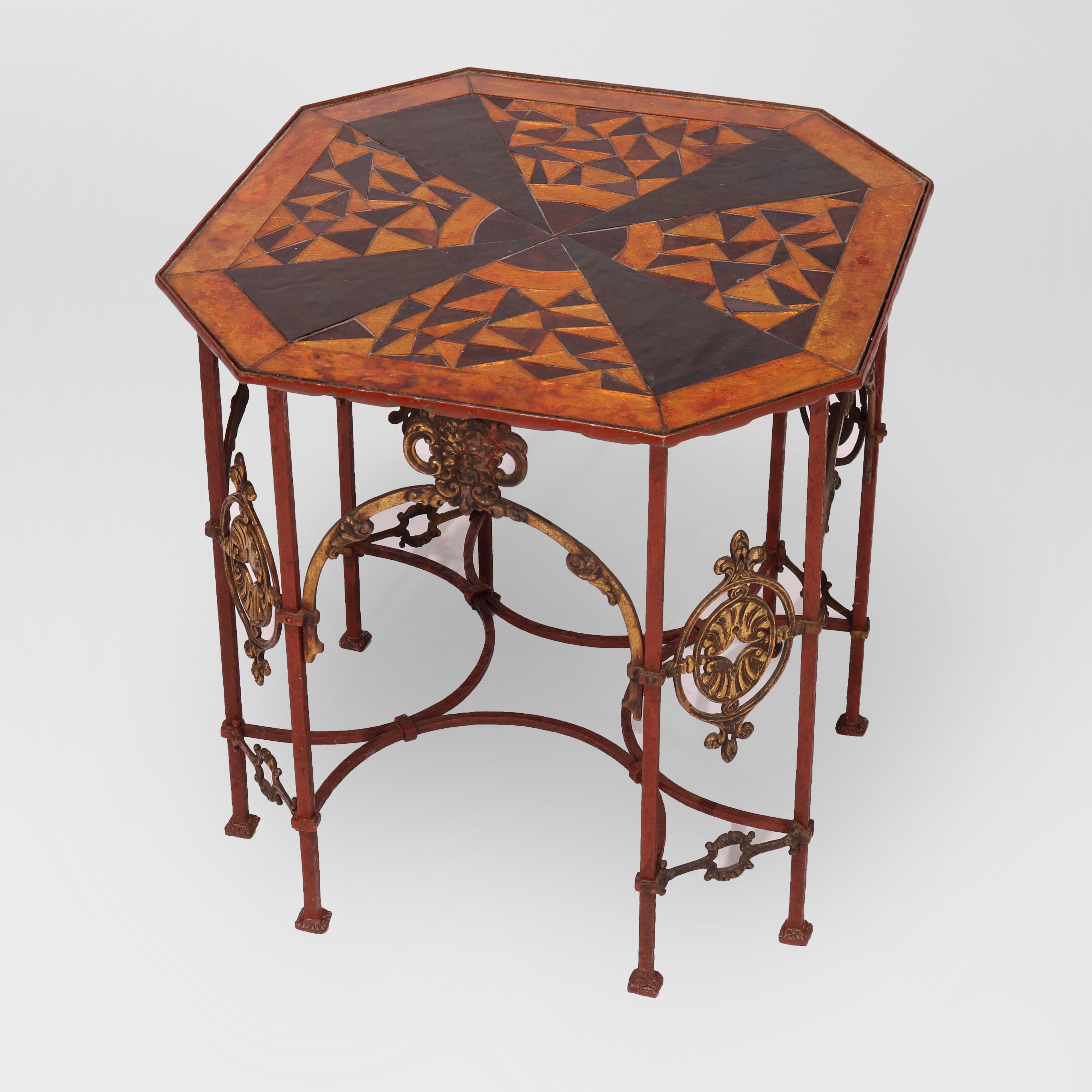 Polychromed Antique Oscar Bach School Polychrome Wrought Iron Side Table with Sunburst Glass