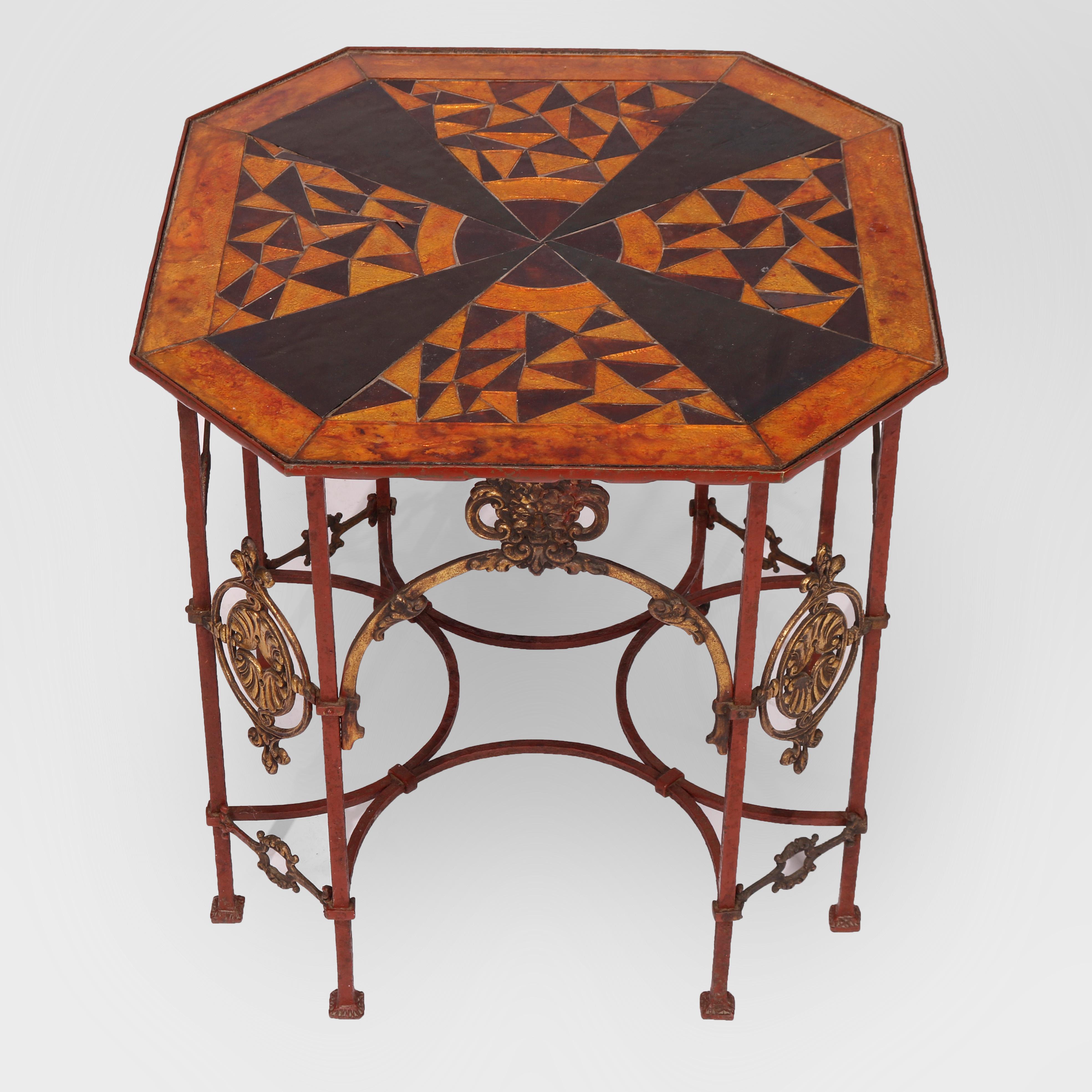 Antique Oscar Bach School Polychrome Wrought Iron Side Table with Sunburst Glass In Good Condition In Big Flats, NY