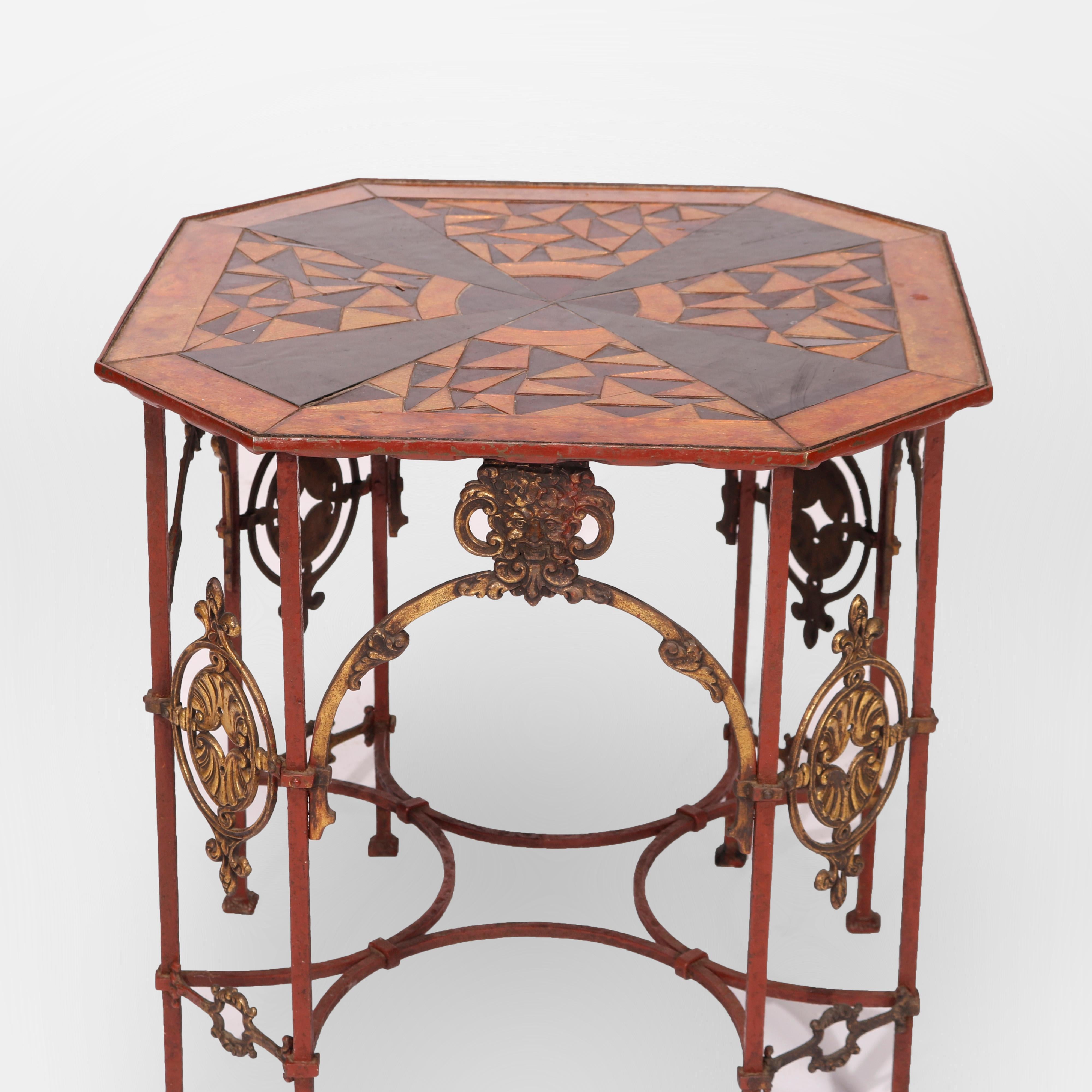 20th Century Antique Oscar Bach School Polychrome Wrought Iron Side Table with Sunburst Glass