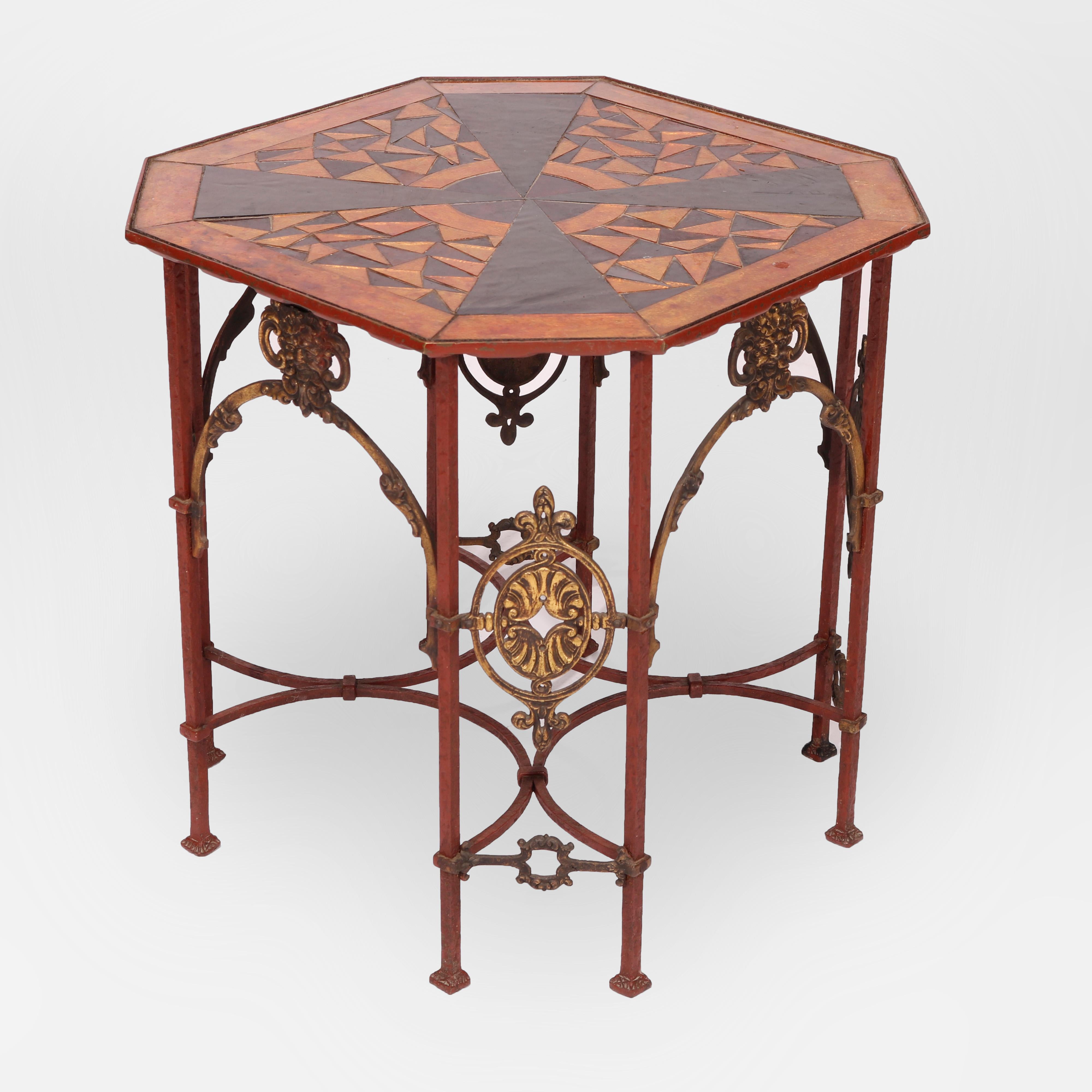 Antique Oscar Bach School Polychrome Wrought Iron Side Table with Sunburst Glass 1