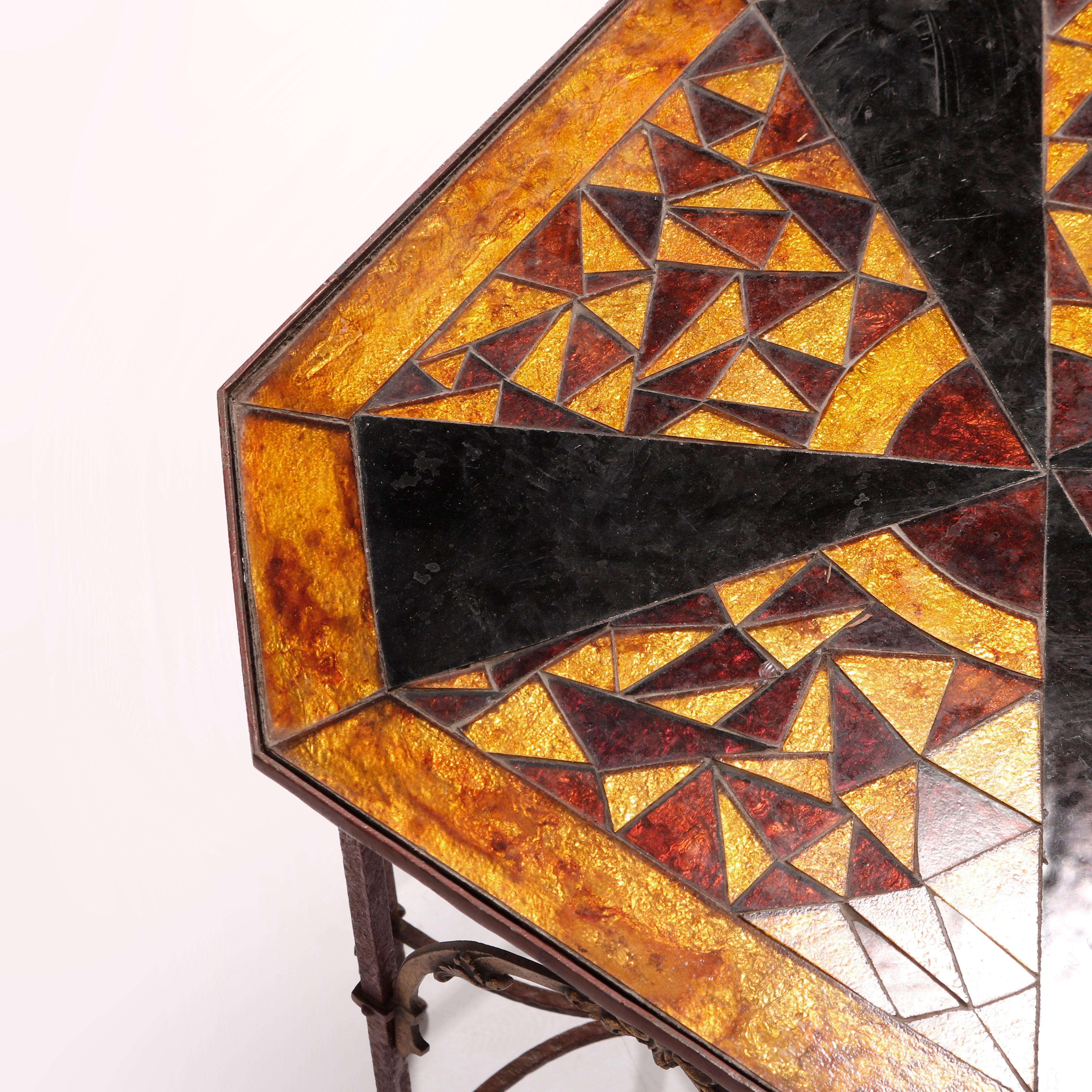 Antique Oscar Bach School Polychrome Wrought Iron Side Table with Sunburst Glass 3