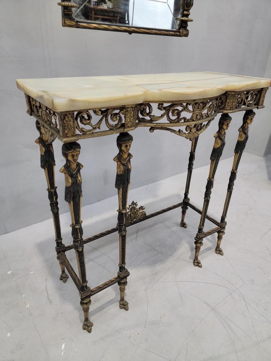 Antique Oscar Bach Style Ornate Figural Bronze Onyx Console with Beveled Wall Mirror - Set of 2

This exquisite Antique Oscar Bach Style Ornate Figural Bronze Onyx Console with Beveled Wall Mirror showcases intricate detailing and craftsmanship. The