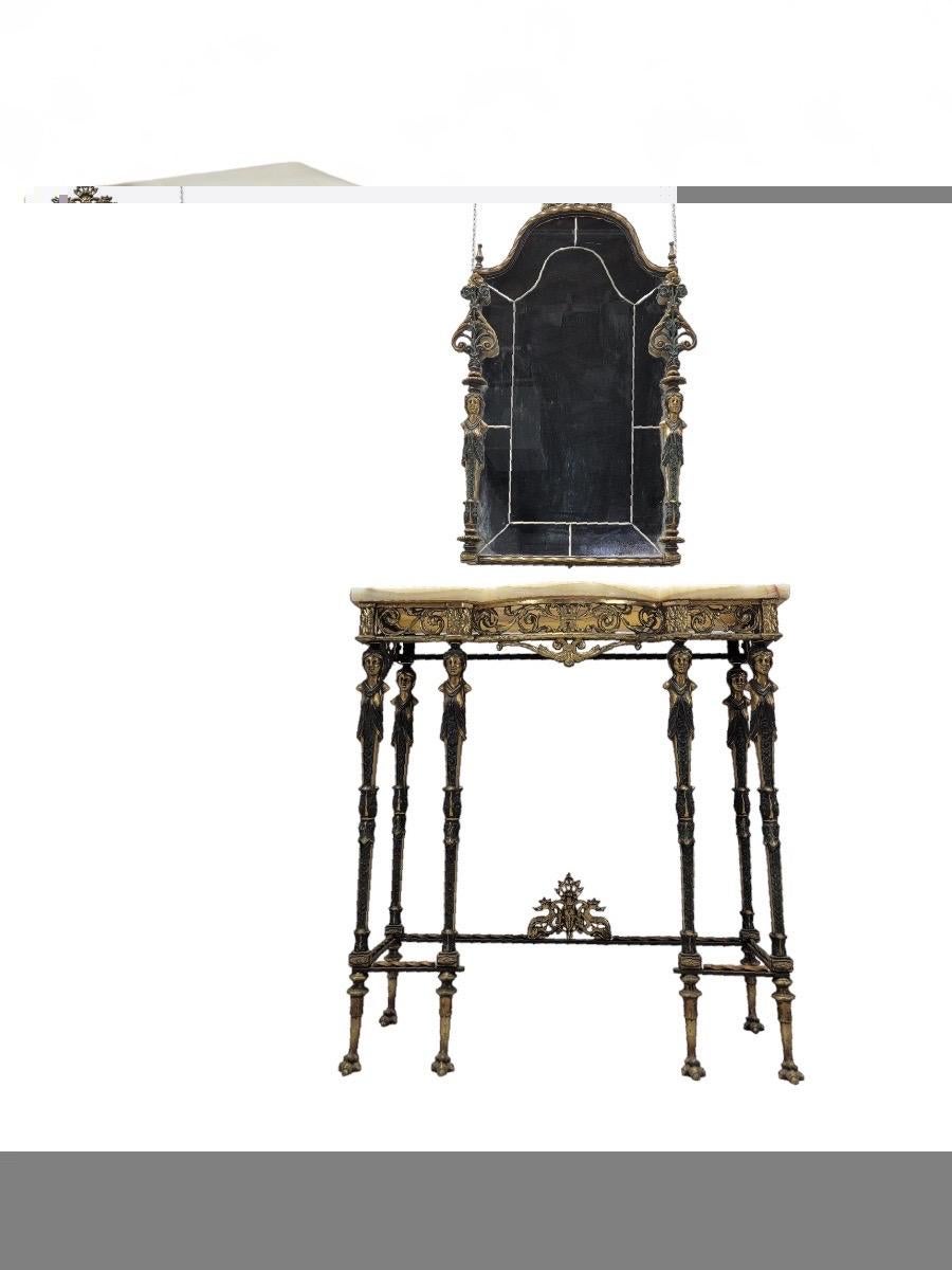 Antike Oscar Bach Stil verzierten Bronze Onyx Konsole w / abgeschrägten Spiegel - Set von 2 im Angebot 1