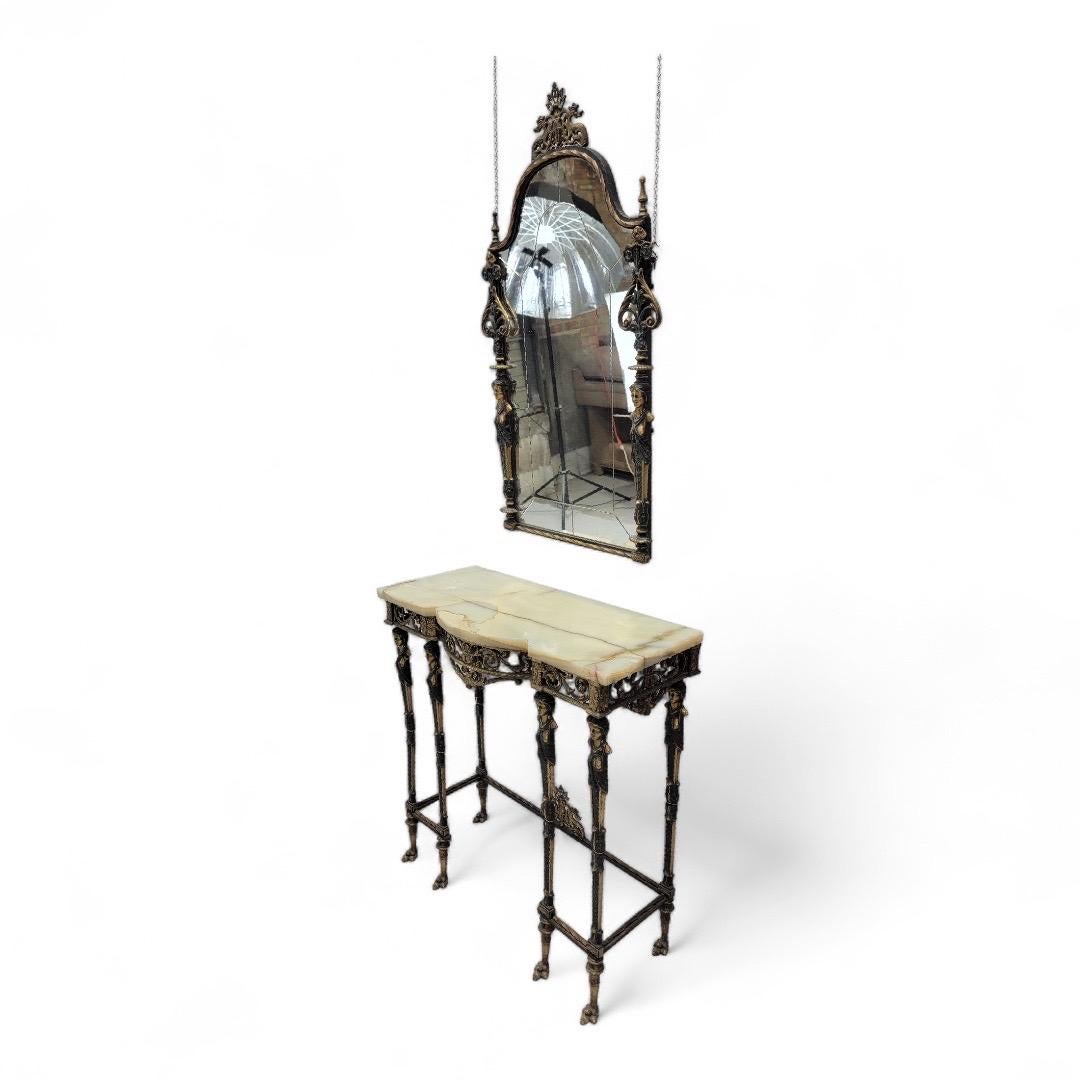 Antike Oscar Bach Stil verzierten Bronze Onyx Konsole w / abgeschrägten Spiegel - Set von 2 im Angebot 2
