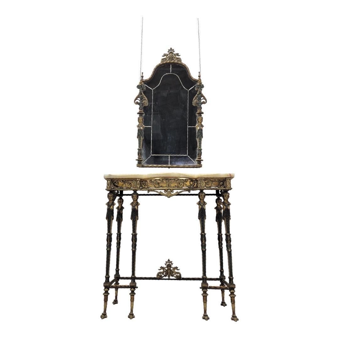 Antike Oscar Bach Stil verzierten Bronze Onyx Konsole w / abgeschrägten Spiegel - Set von 2 im Angebot 3