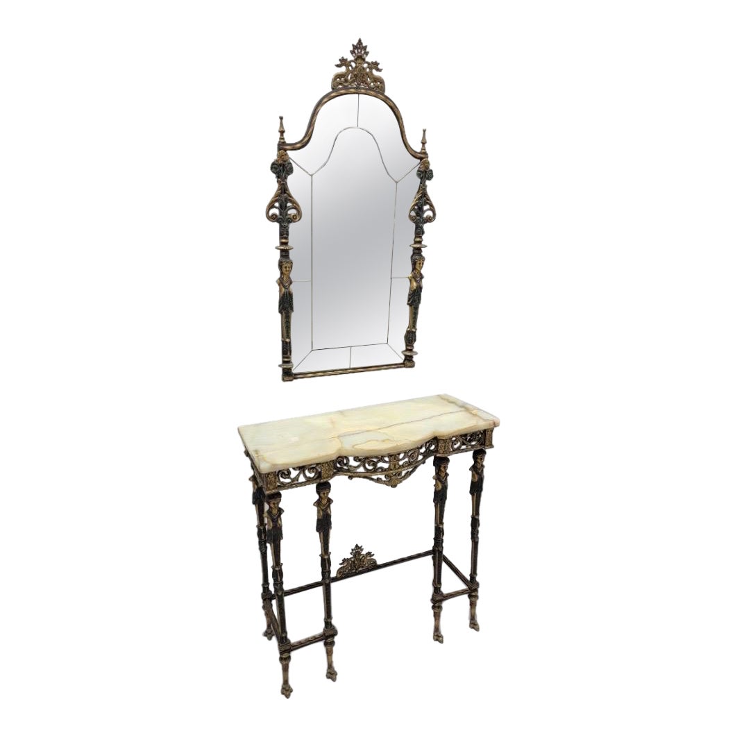 Ancienne console en bronze onyx ornée de style Oscar Bach avec miroir biseauté - Lot de 2