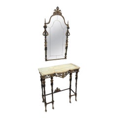 Antique Oscar Bach Style Ornate Bronze Onyx Console w/ Beveled Mirror - Set of 2