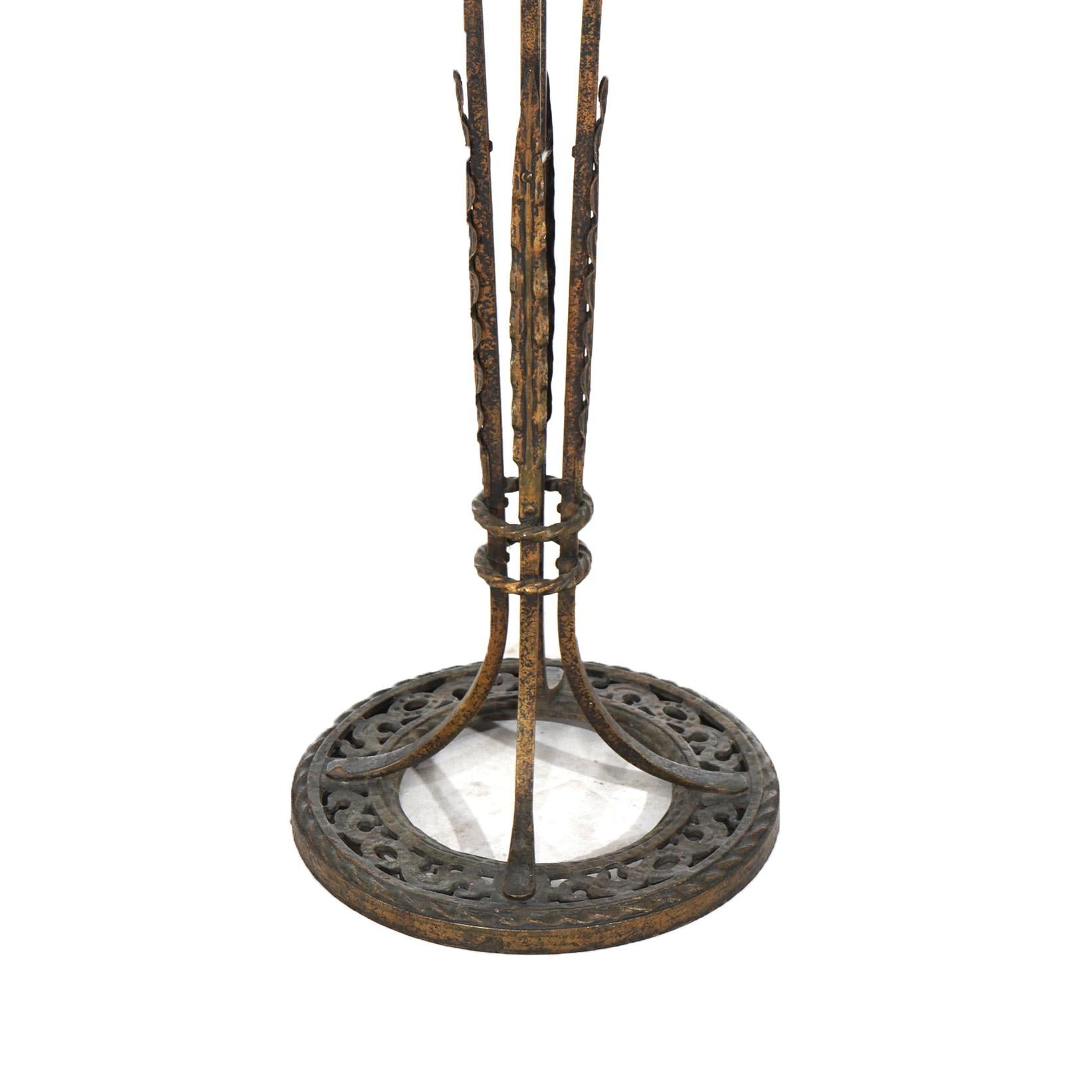 Arts and Crafts Antique Oscar Bach Wrought Iron & Copper Plant Stand with Foliate Elements C1910