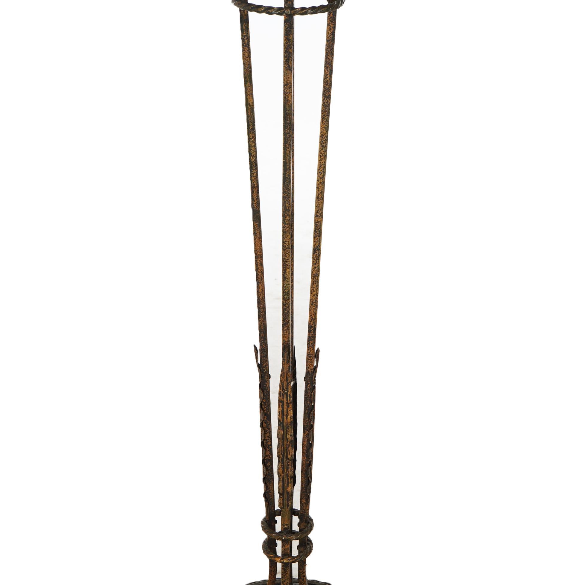 Antique Oscar Bach Wrought Iron & Copper Plant Stand with Foliate Elements C1910 In Good Condition In Big Flats, NY