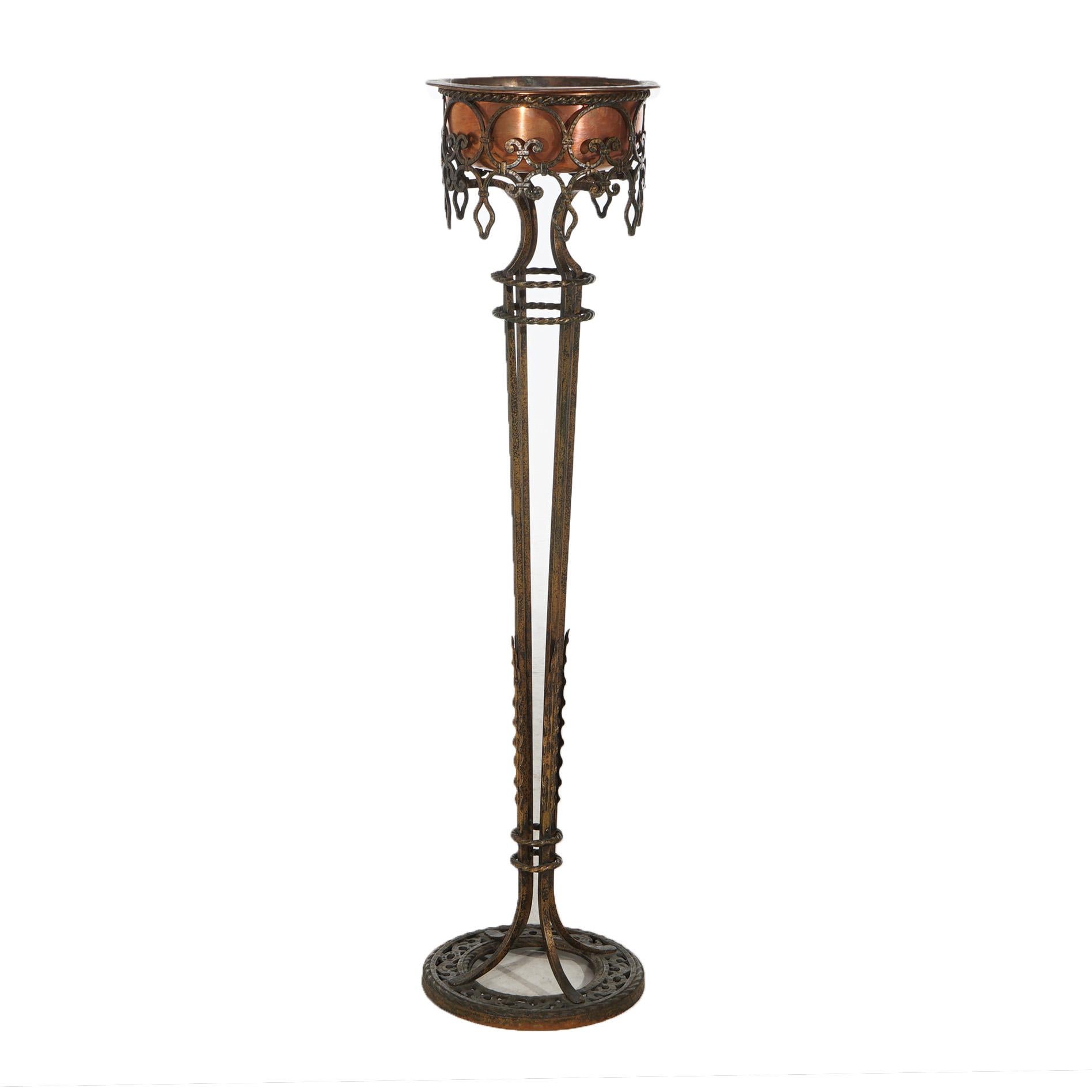20th Century Antique Oscar Bach Wrought Iron & Copper Plant Stand with Foliate Elements C1910