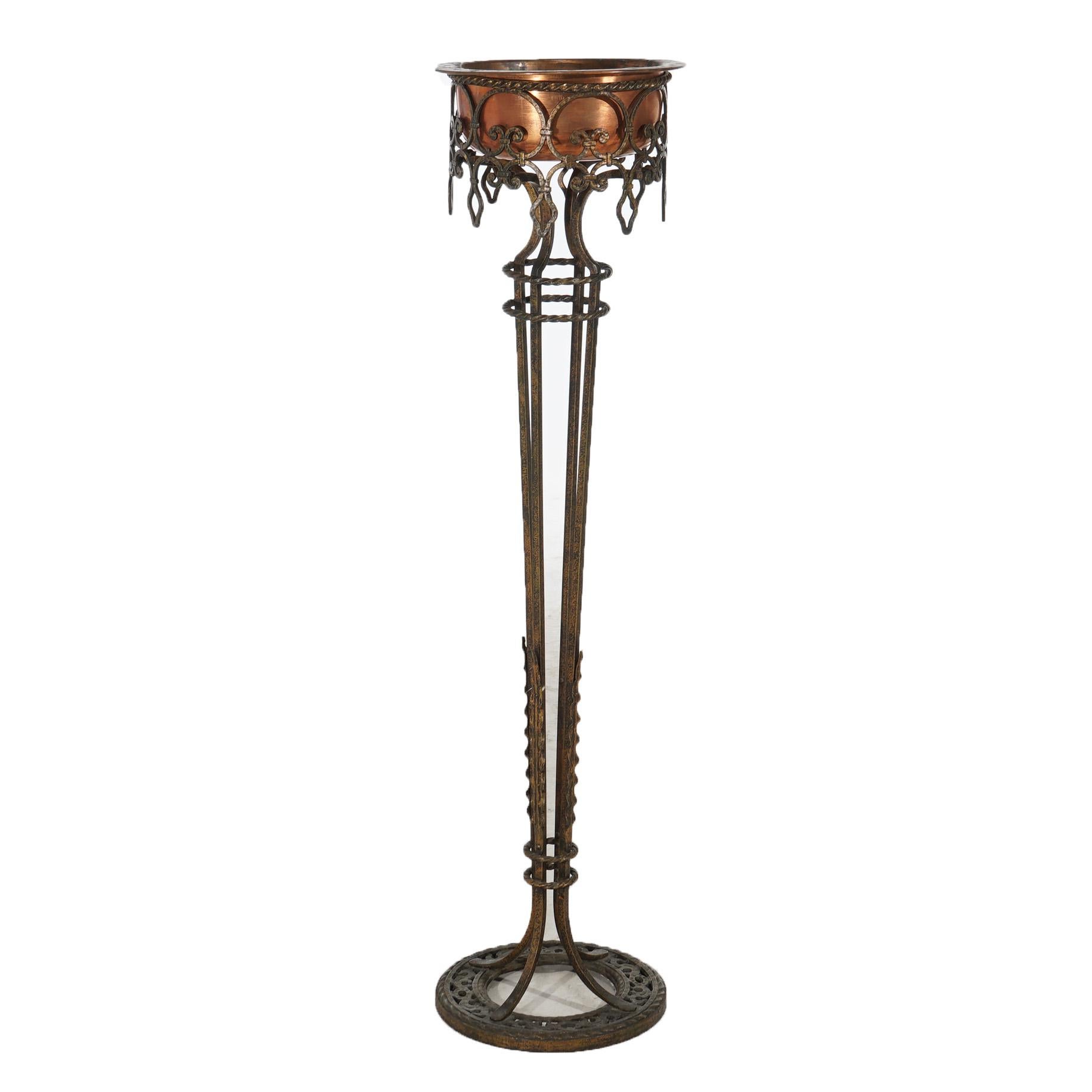Antique Oscar Bach Wrought Iron & Copper Plant Stand with Foliate Elements C1910 1