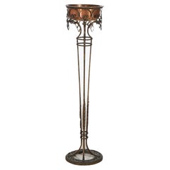 Antique Oscar Bach Wrought Iron & Copper Plant Stand with Foliate Elements C1910