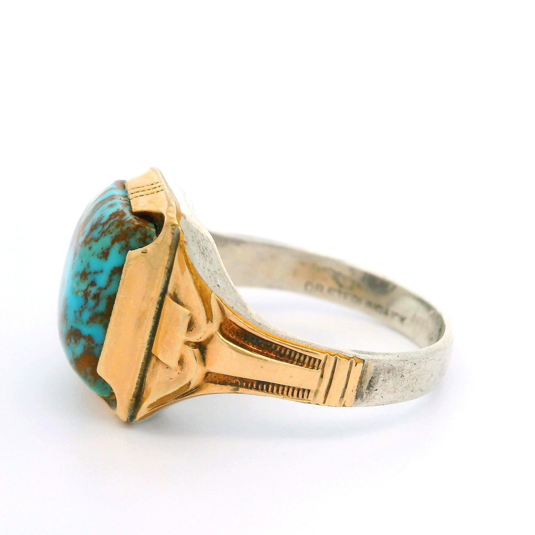 –Stone(s)–
(1) Natural Genuine Matrix Turquoise - Cushion Cabochon Cut - Panel Prong Set - Greenish Blue Color  - 12.5 x 10.5mm (approx.)

Material: Sterling Silver .925 - 10k Yellow Gold
Weight: 6.3 Grams
Ring Size: 10.5 ( fitted on finger, please