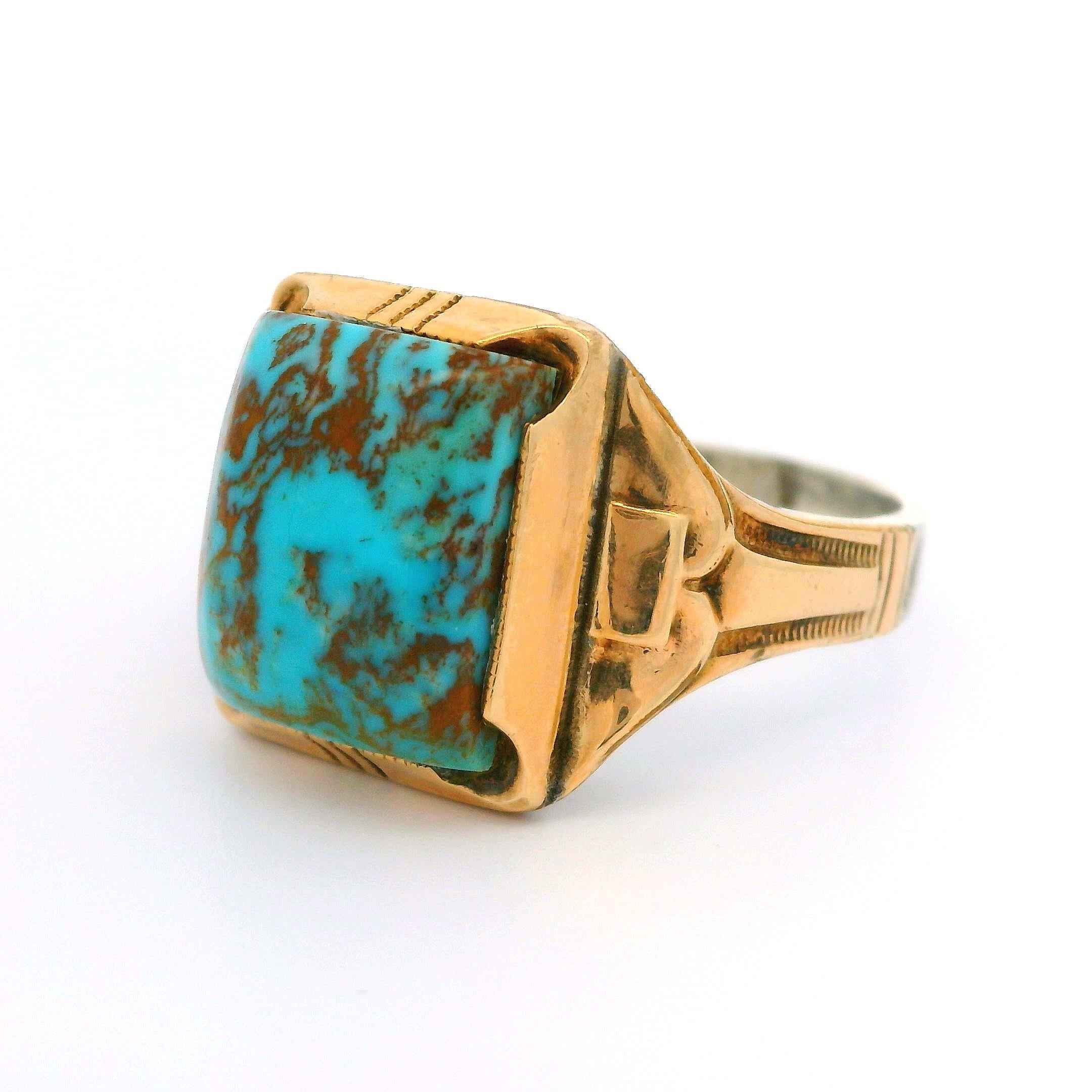 Emerald Cut Antique Ostby Barton 10k Yellow Gold Sterling Matrix Turquoise Men's Ring