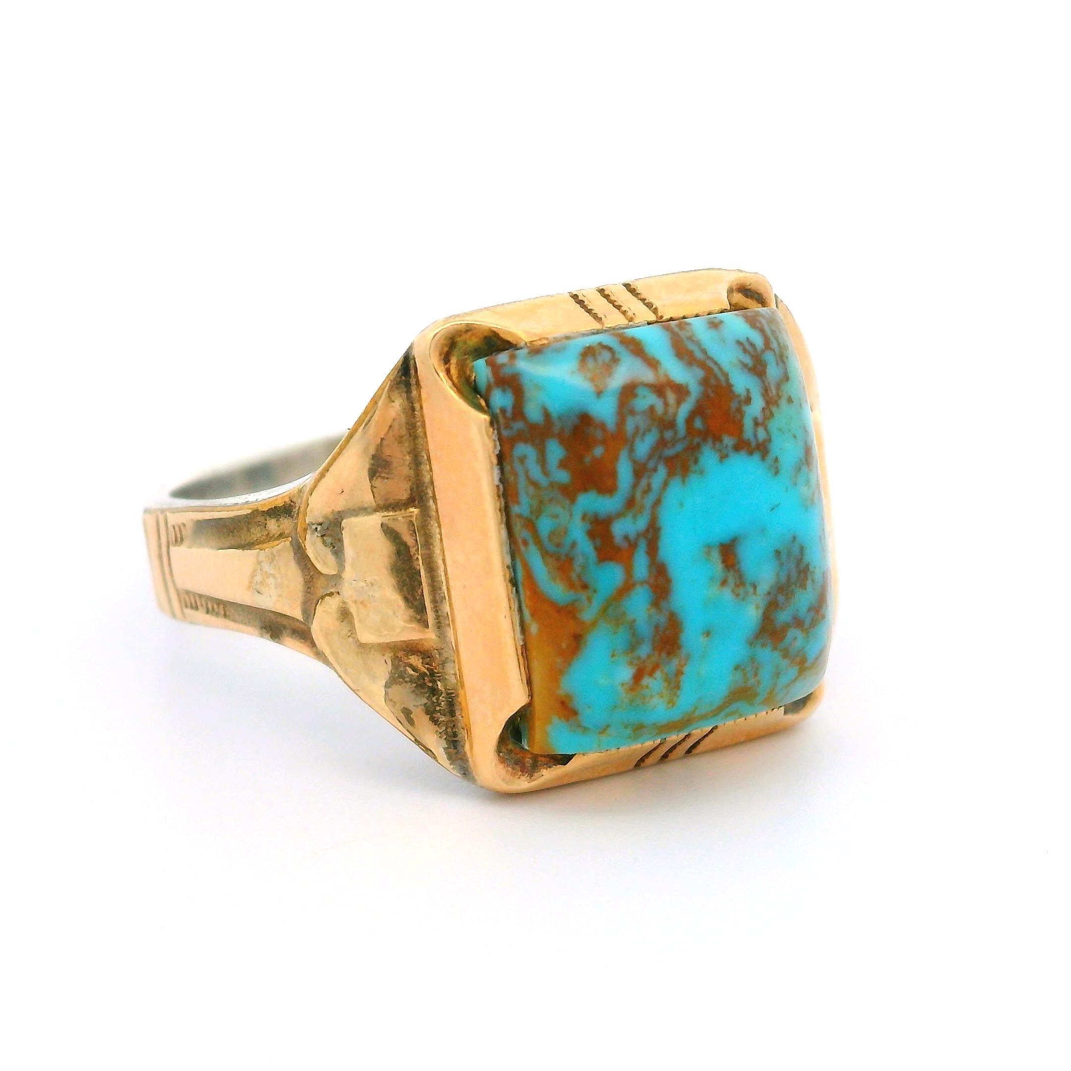 Antique Ostby Barton 10k Yellow Gold Sterling Matrix Turquoise Men's Ring In Excellent Condition In Montclair, NJ