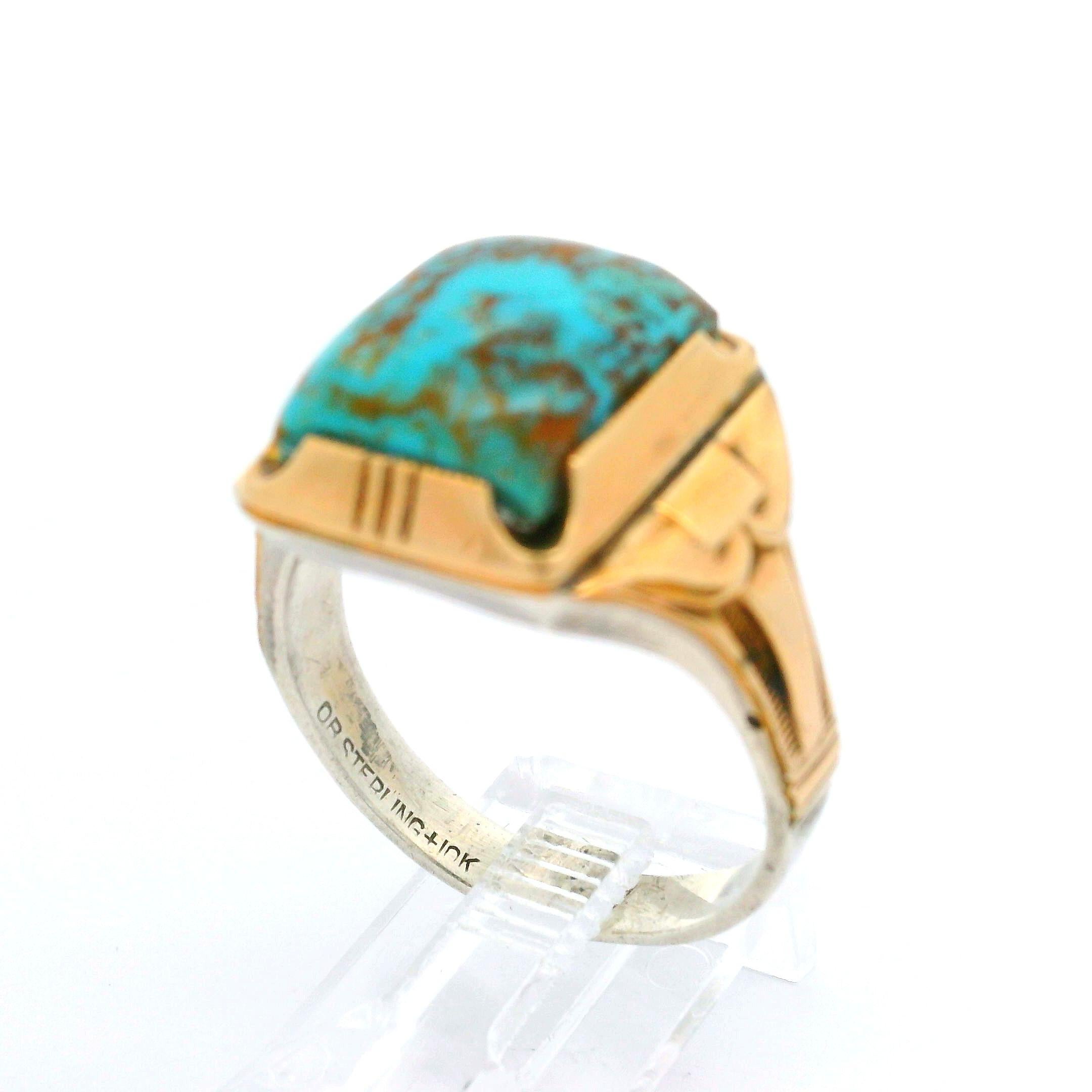 Antique Ostby Barton 10k Yellow Gold Sterling Matrix Turquoise Men's Ring 2