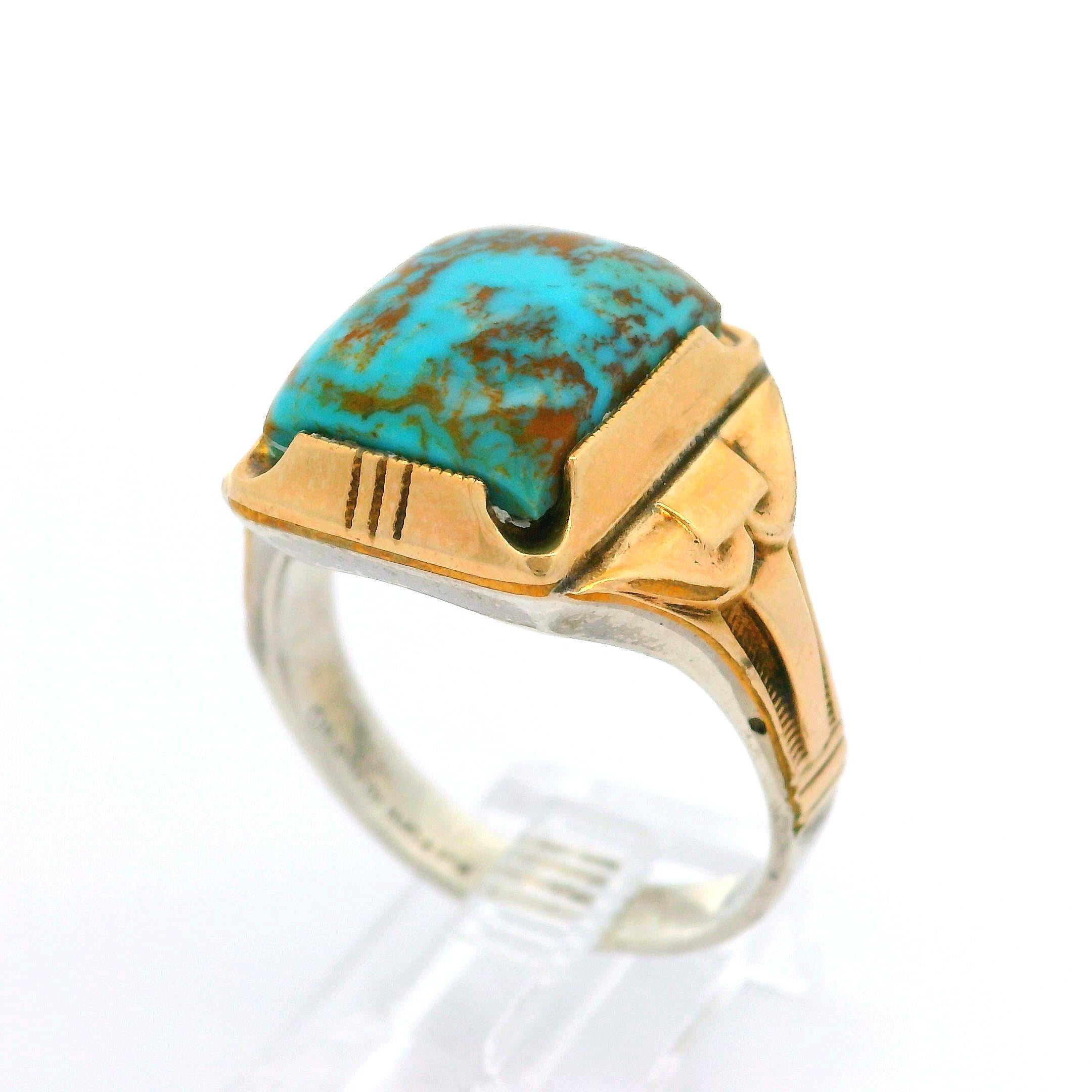 Antique Ostby Barton 10k Yellow Gold Sterling Matrix Turquoise Men's Ring 3