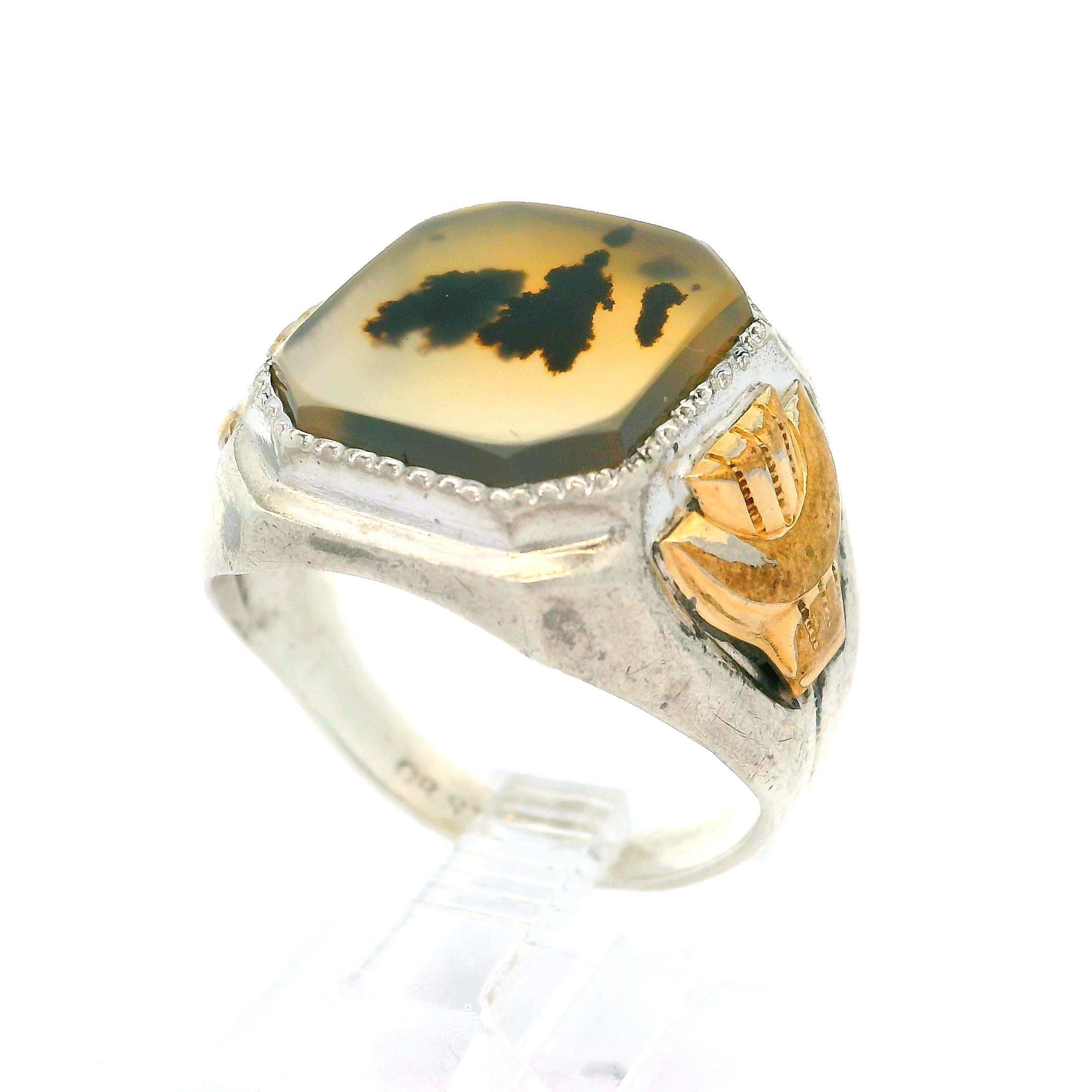–Stone(s)–
Natural Genuine Snow & Moss Agate - Bezel Set - Transparent Yellow Color w/ Natural inclusions  - 13.69 x 12.21mm (approx.)

Material: Sterling Silver-Yellow Gold Accents
Weight: 6.5 Grams
Ring Size: 7.5 ( fitted on finger, please contact