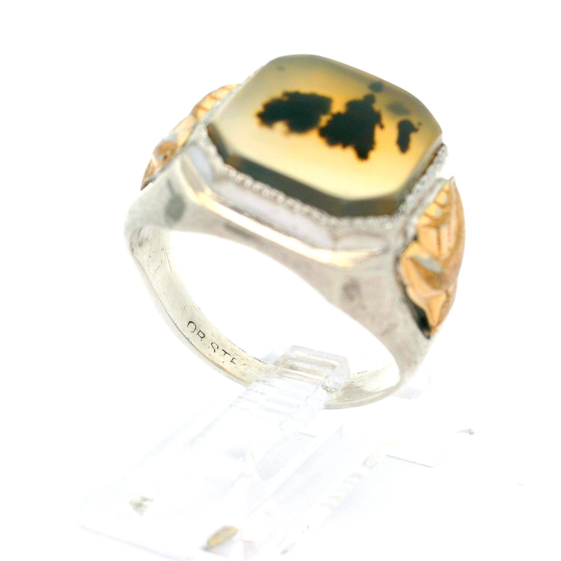 Square Cut Antique Ostby Barton Sterling Silver Yellow Gold Snow & Moss Agate Cocktail Ring For Sale