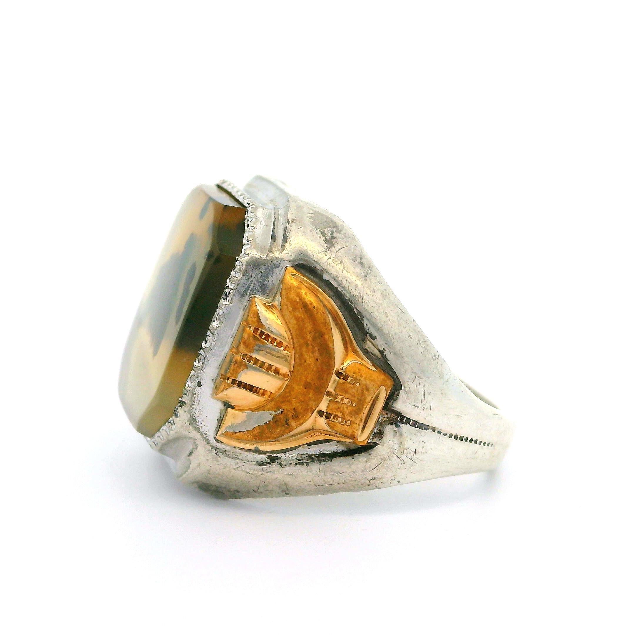 Antique Ostby Barton Sterling Silver Yellow Gold Snow & Moss Agate Cocktail Ring In Good Condition For Sale In Montclair, NJ
