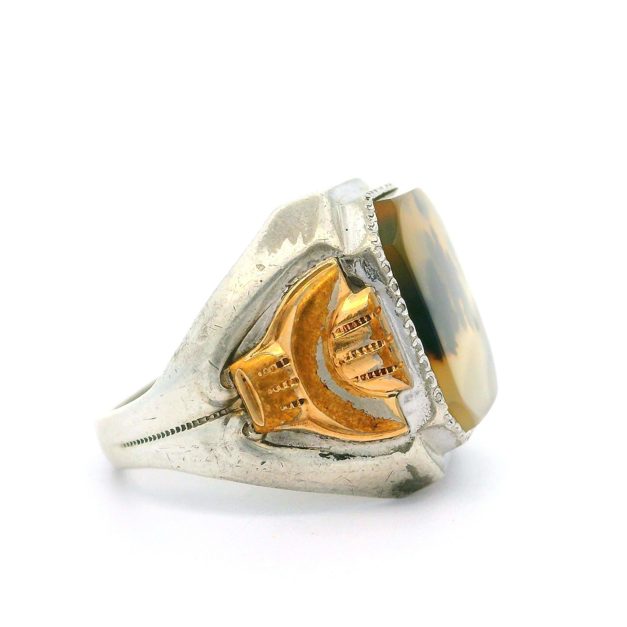 Women's or Men's Antique Ostby Barton Sterling Silver Yellow Gold Snow & Moss Agate Cocktail Ring For Sale