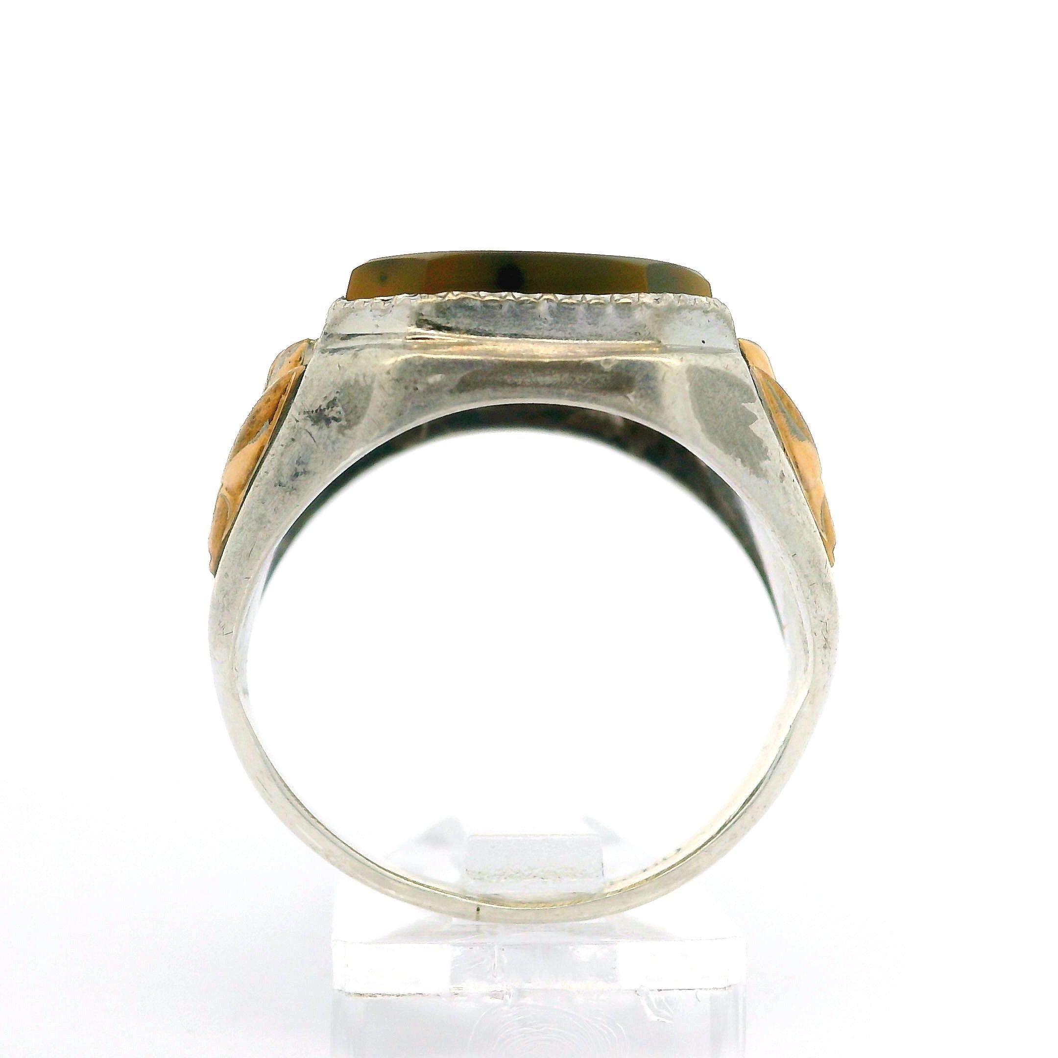 Antique Ostby Barton Sterling Silver Yellow Gold Snow & Moss Agate Cocktail Ring For Sale 1