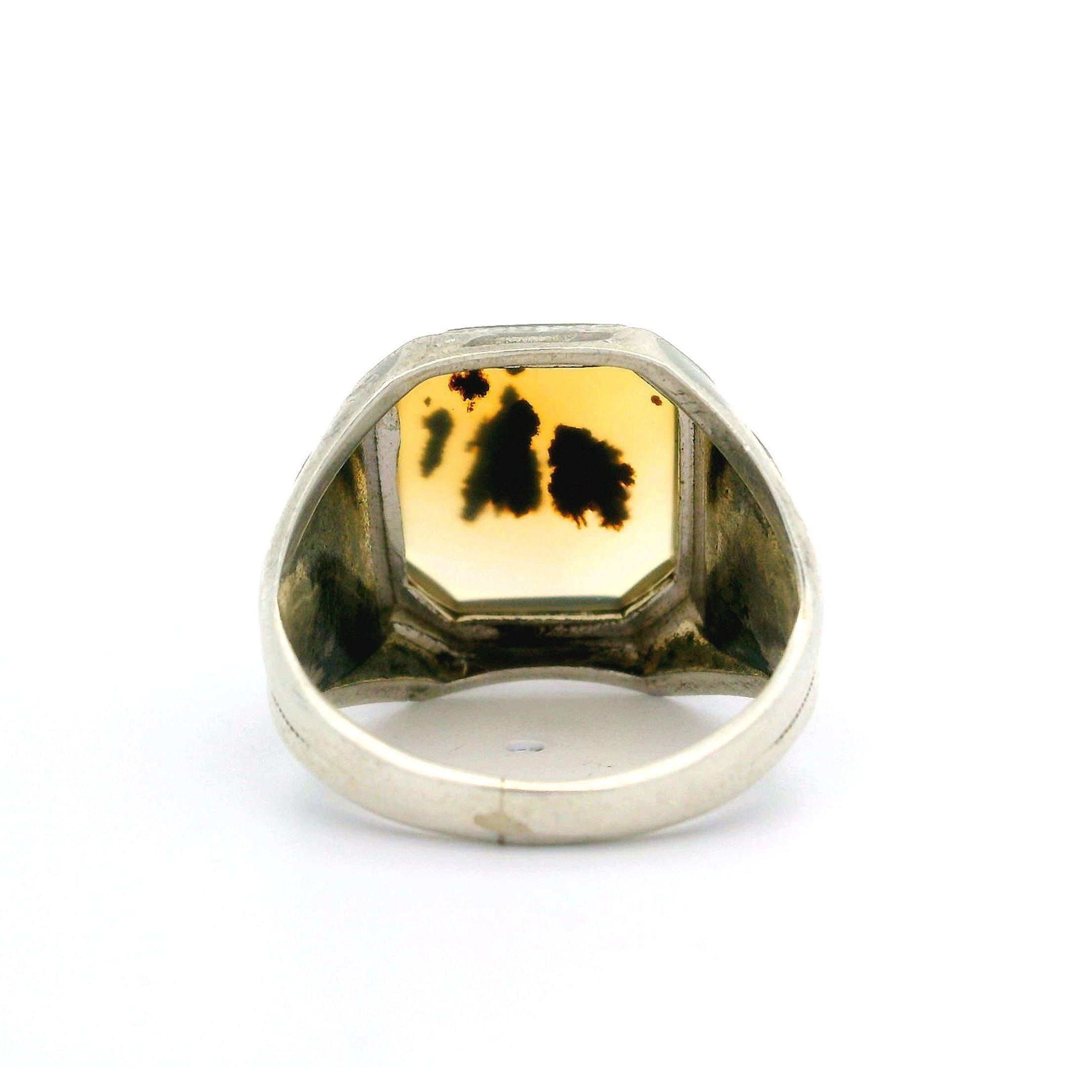 Antique Ostby Barton Sterling Silver Yellow Gold Snow & Moss Agate Cocktail Ring For Sale 2