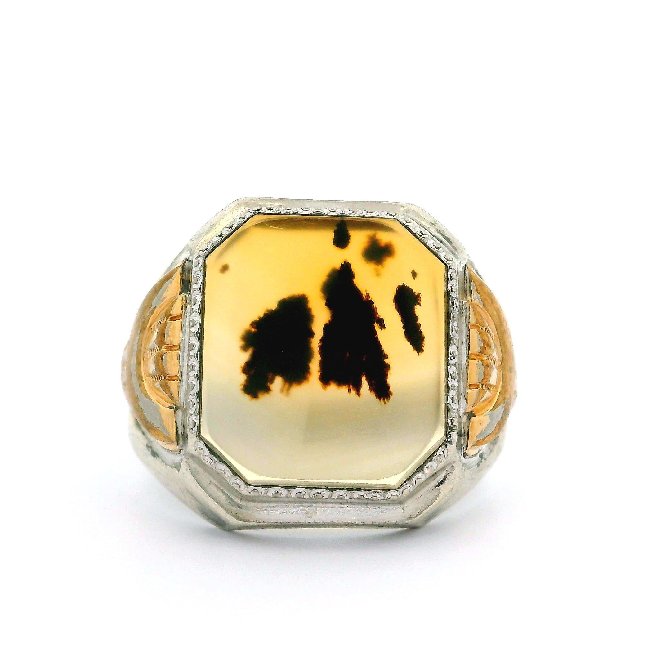 Antique Ostby Barton Sterling Silver Yellow Gold Snow & Moss Agate Cocktail Ring For Sale 3