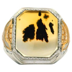 Anillo de cóctel antiguo Ostby Barton de plata de ley y oro amarillo Nieve y ágata musgosa