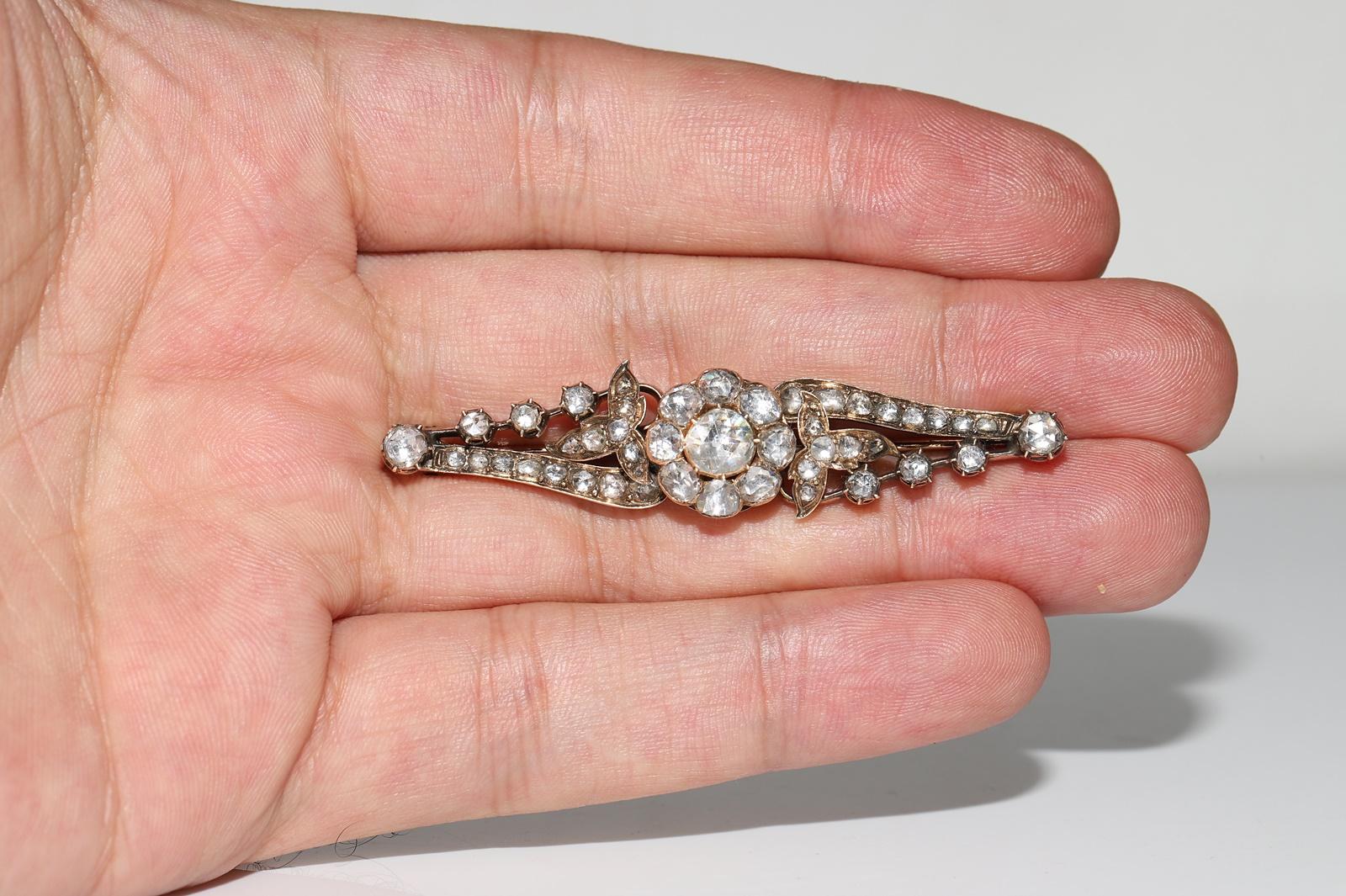Antique Ottoman 8k Gold Circa 1900s Natural Rose Cut Diamond Decorated Brooch For Sale 4