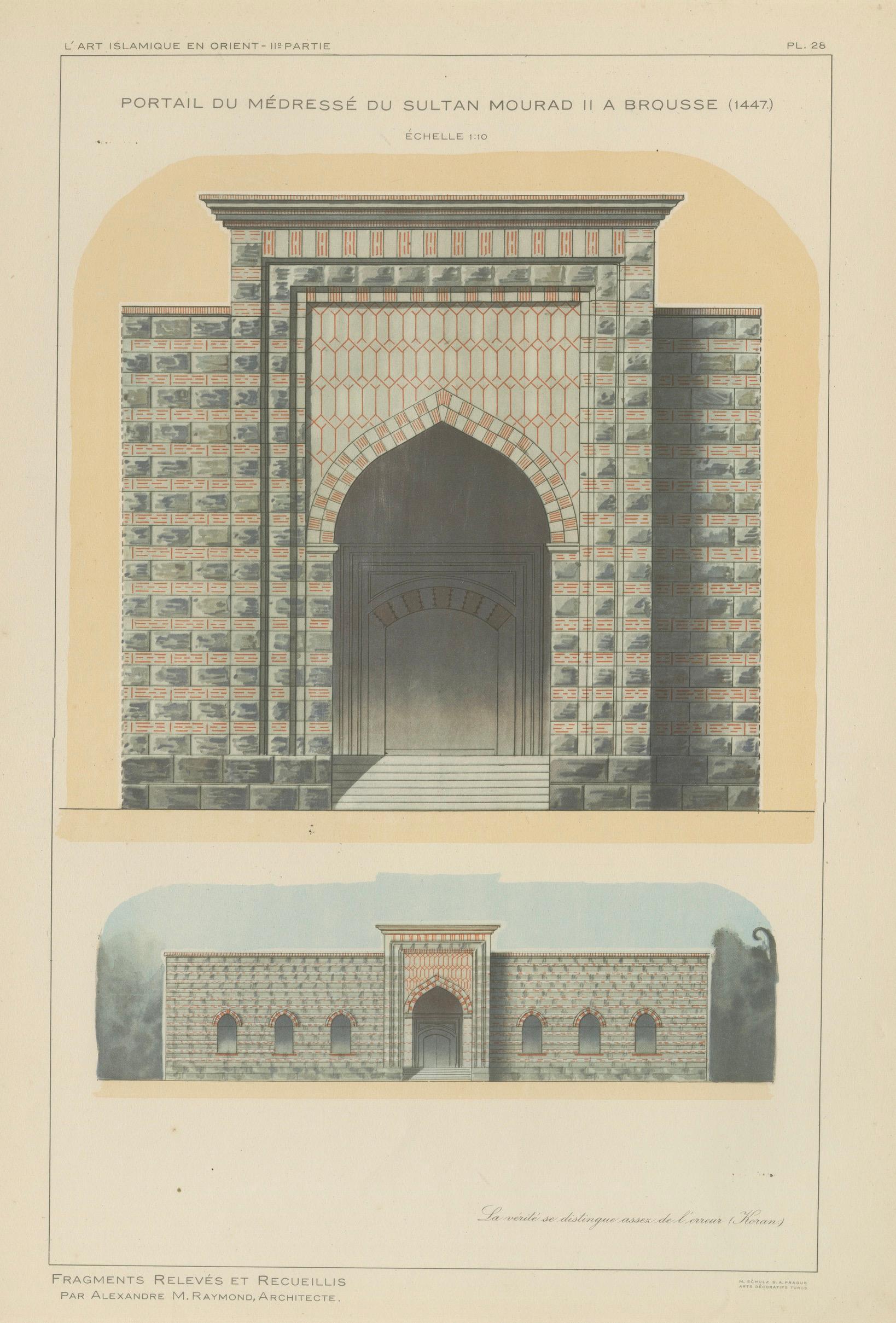 Antique Ottoman Architecture Print, Murad II Madrasa Portal, Bursa 1924