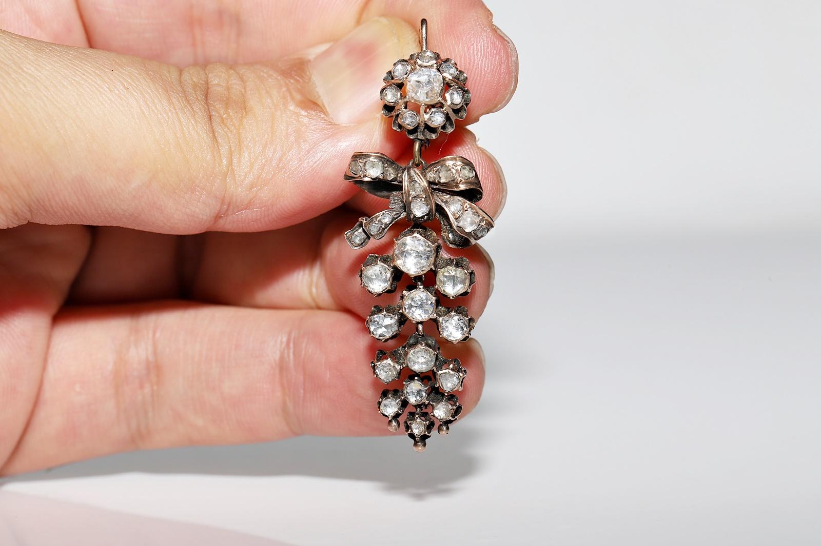 Antique Ottoman Circa 1880s 8k Gold Natural Rose Cut Diamond Drop Grape Earring 4