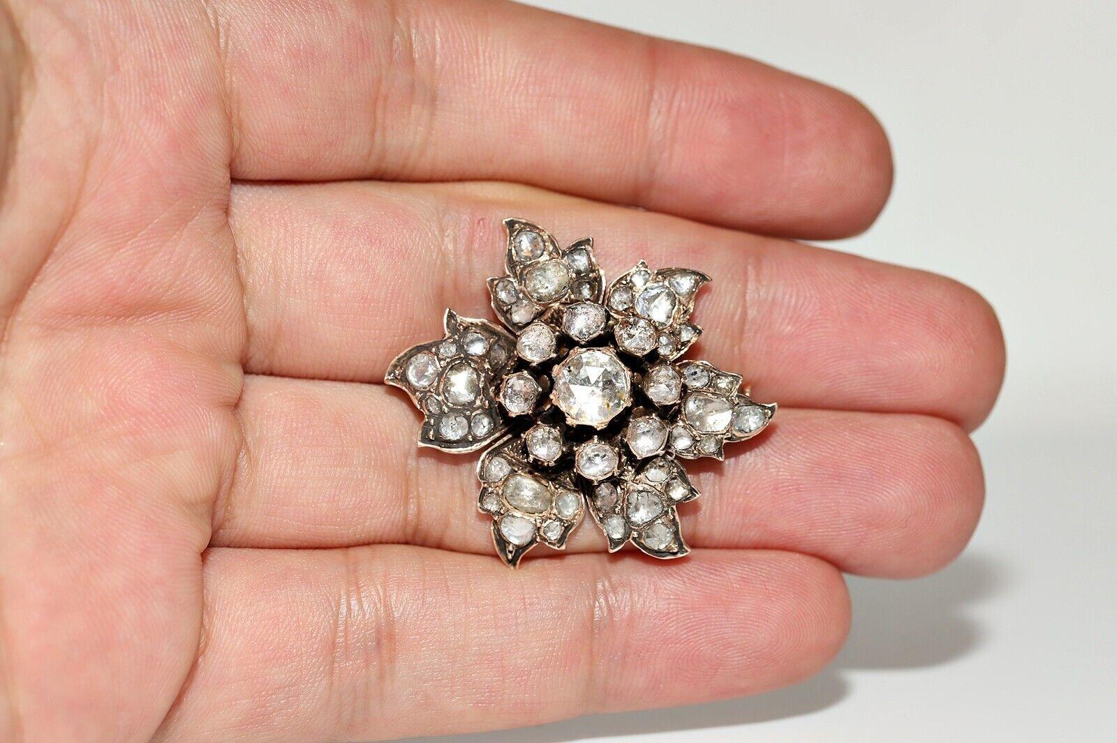 Antique Ottoman Circa 1880s 8k Gold Natural Rose Cut Diamond Flowers Brooch 1