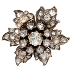 Antique Ottoman Circa 1880s 8k Gold Natural Rose Cut Diamond Flowers Brooch
