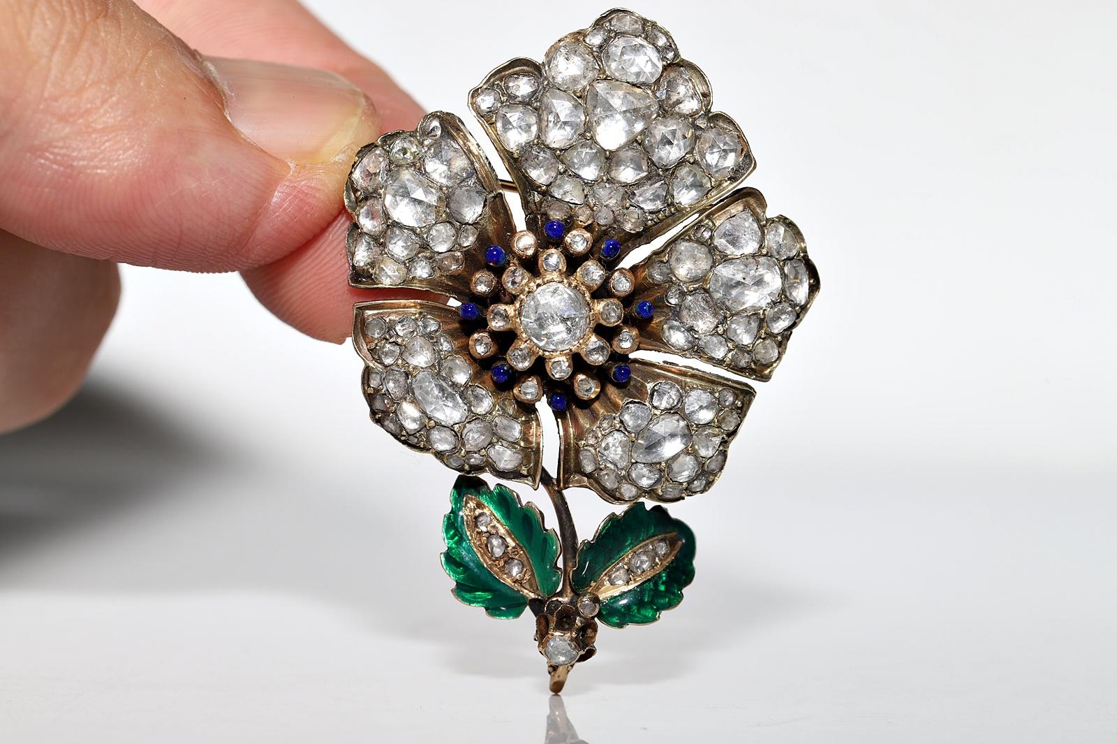 Antique Ottoman Circa 1890s 14k Gold Natural Rose Cut Diamond  Enamel  Brooch For Sale 5