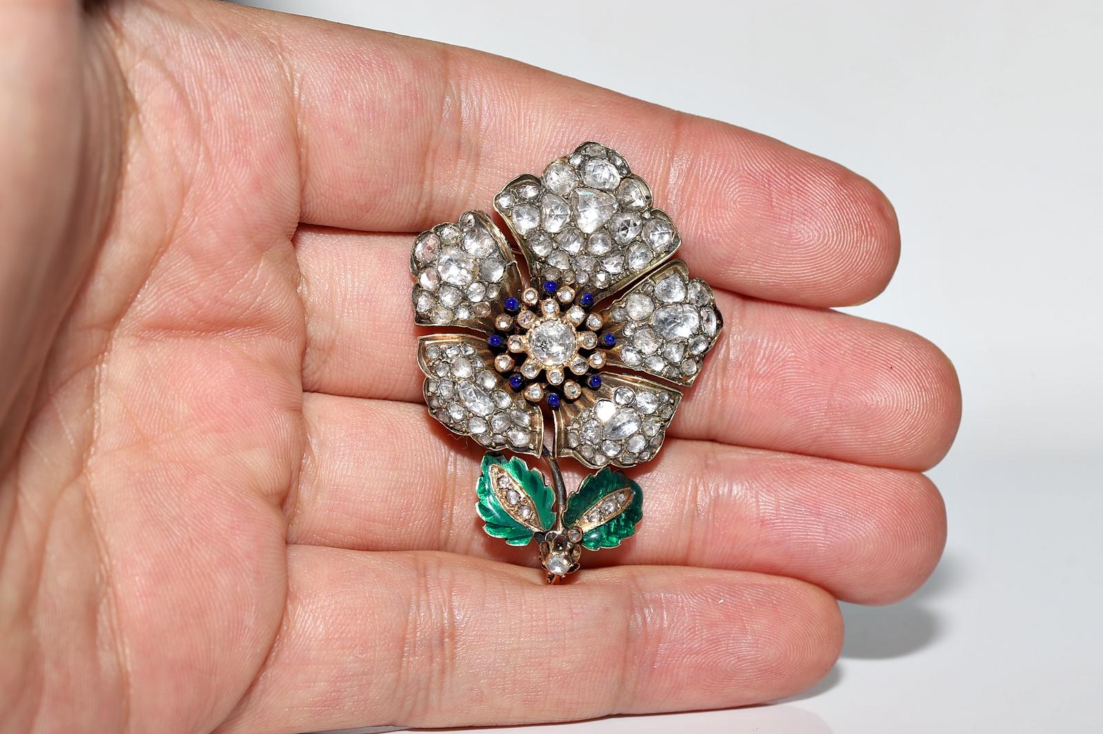 Women's Antique Ottoman Circa 1890s 14k Gold Natural Rose Cut Diamond  Enamel  Brooch For Sale
