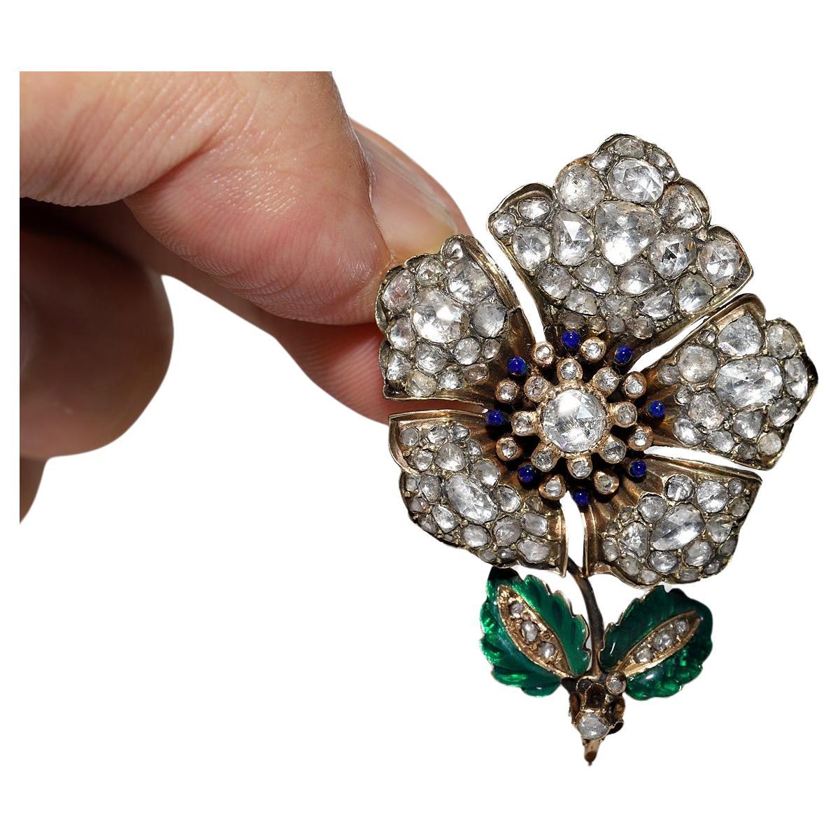 Antique Ottoman Circa 1890s 14k Gold Natural Rose Cut Diamond  Enamel  Brooch For Sale